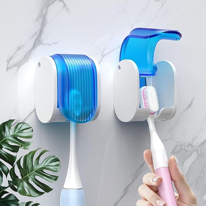 2 Pcs Toothbrush Holders Wall Mounted, Single Slot Design, Shower Self Adhesive Wall Mounted Toothbrush Holder with Cover, Waterproof and Dustproof, Suitable for Bathroom, Family, Travel (Blue)