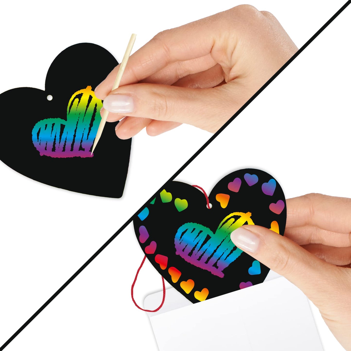 ArtCreativity 48 Pack Scratch Off Valentine Cards for Kids Classroom, Set of 48 Valentine Cards Ink-Free Scratch Off Hearts with Sticks, Red String, and Envelopes, Valentines Crafts