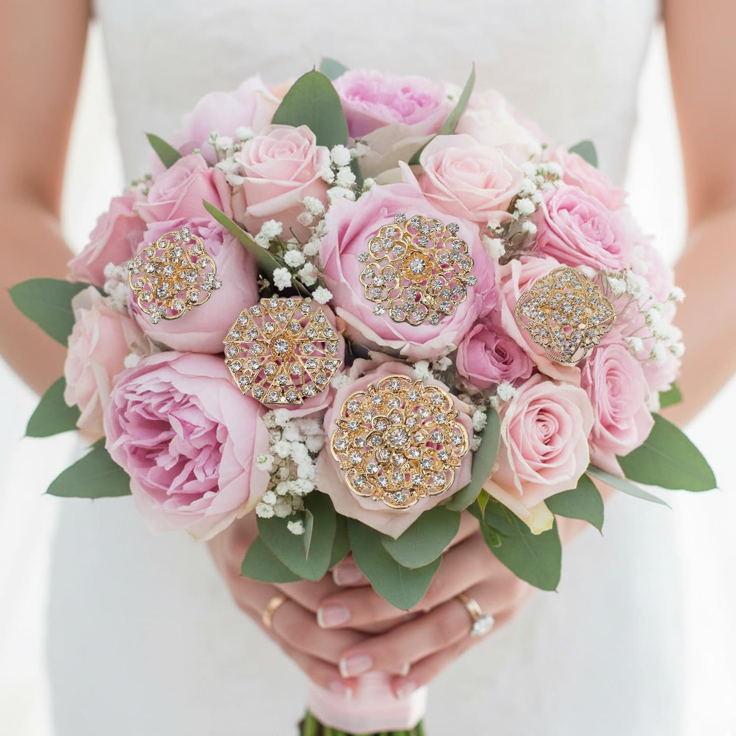 14 Pcs Crystal Flower Brooch Pin Sets Gold Crystal Brooches Pearl Wedding Bouquet kit Set for Women DIY Craft Party