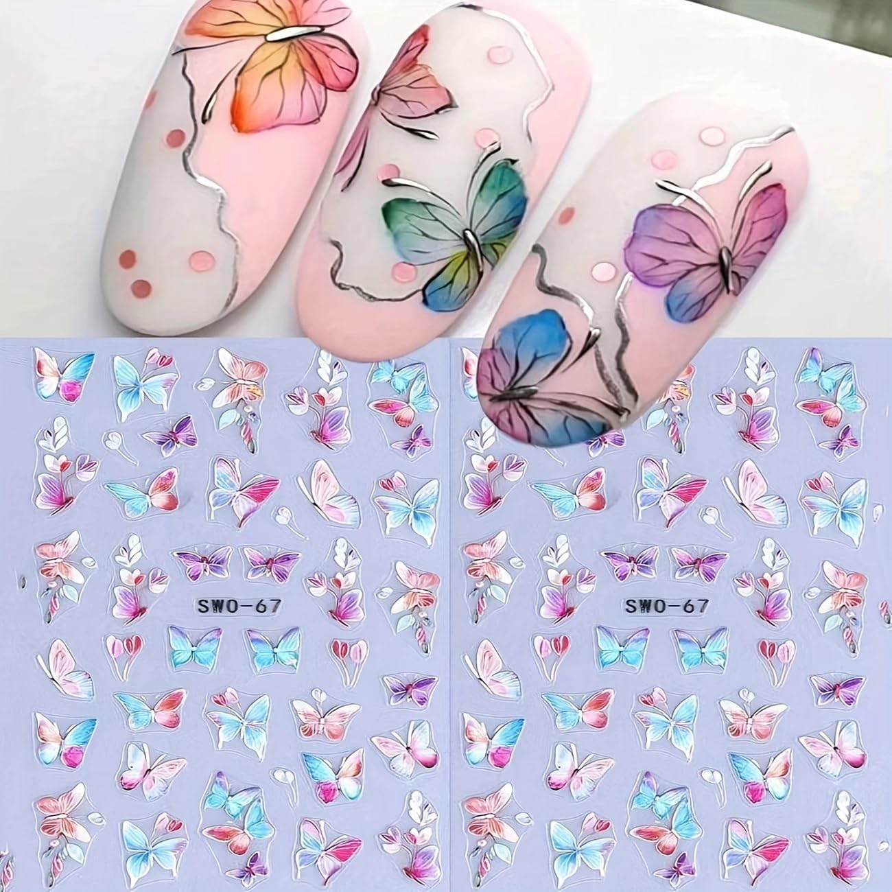 2Pcs 3D Gradient Butterfly Embossed Nail Stickers, Multicolor Butterfly Leaves Nail Decals Cute Spring Summer Manicure DIY Y2K Style Self-Adhesive Gel Decals Sliders Nail Art Decoration Nail Supplies