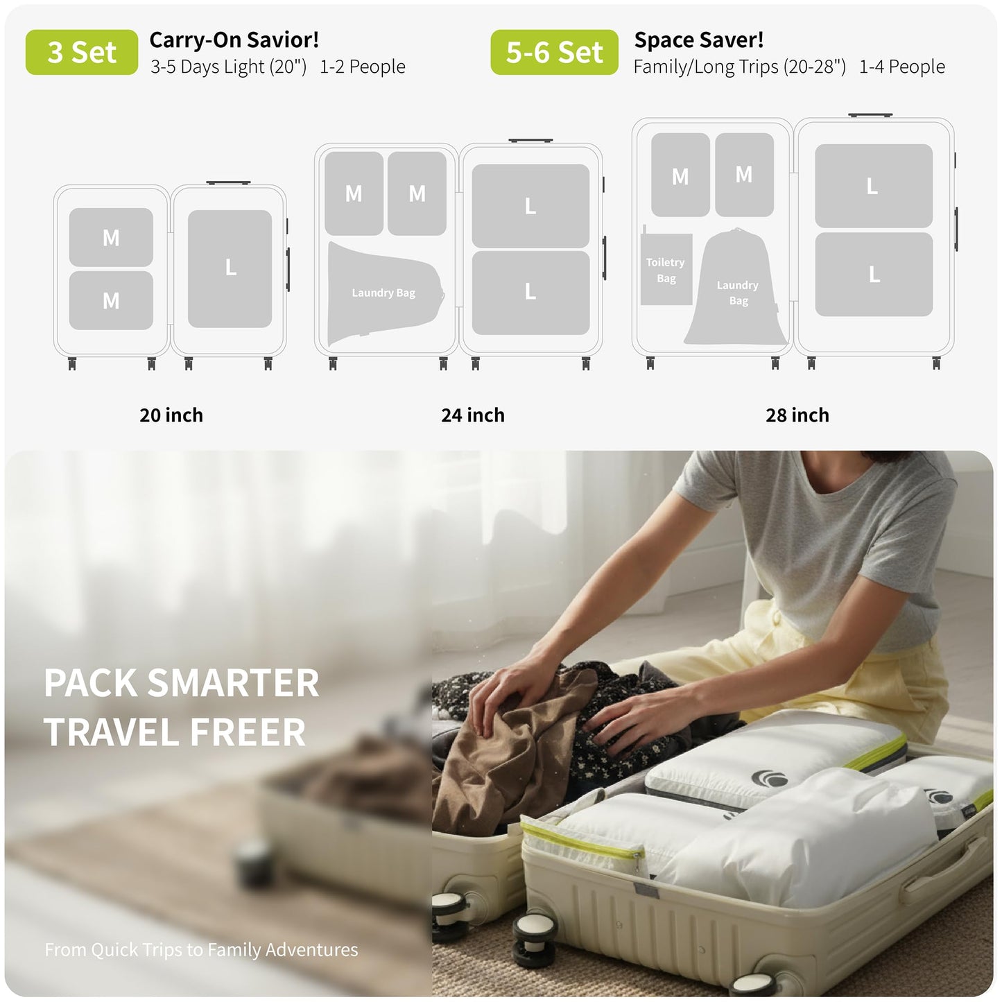 Cipway - 5 Set Compression Packing Cubes for Travel, Ultralight Packing Organizers for Luggage Suitcase & Backpack (White), L