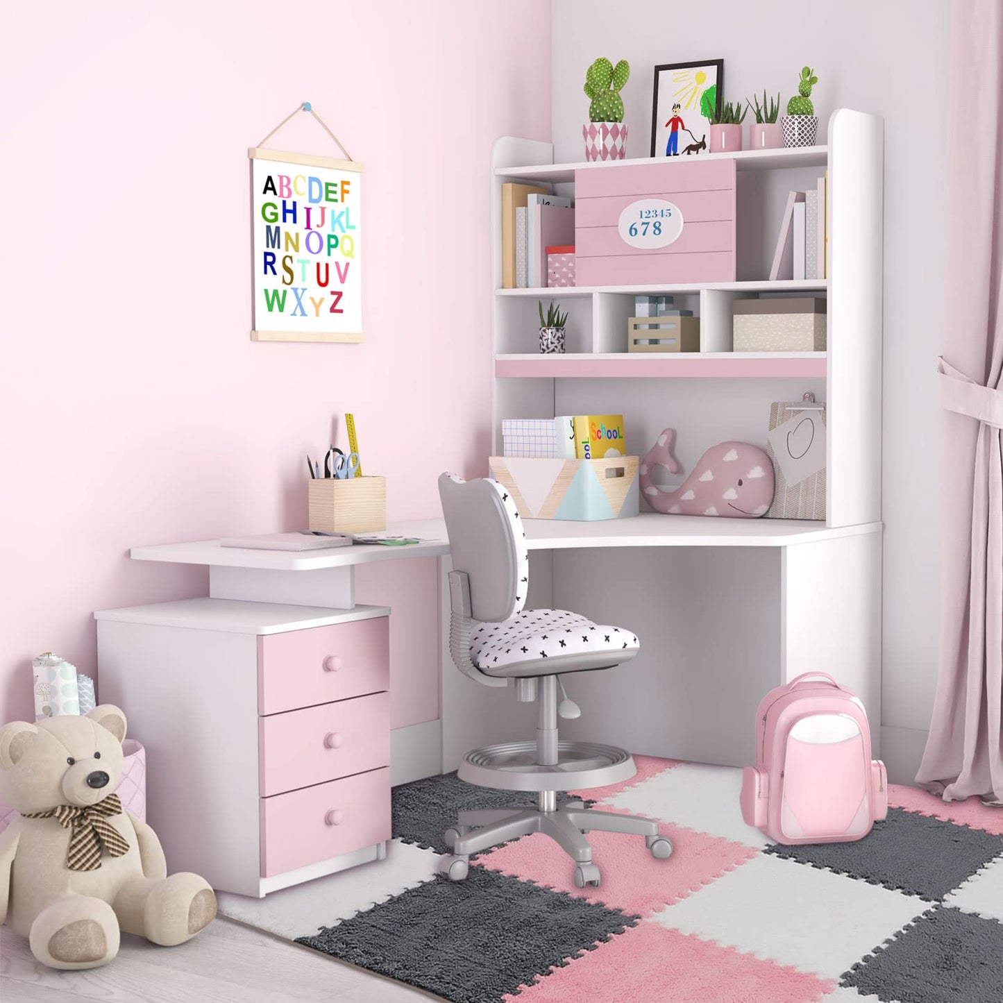 Amylove 18 Pcs Plush Foam Floor Mat Square Interlocking Carpet Tiles with Border Fluffy Play Mat Floor Tiles Soft Climbing Area Rugs for Home Playroom, 12 x 12 x 0.4 in(White, Pink, Gray)