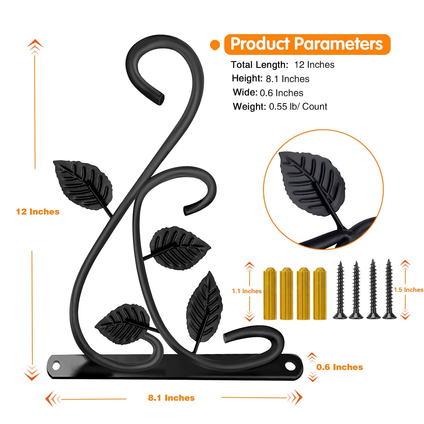 KABB 2 PCS Metal Hanging Hook Plants Brackets, 12 Inch Iron Wall Mount Bracket Durable Rust-Resistant Plant Hanger Hook for Hanging Plants Bird Feeder Wind Chimes Lantern