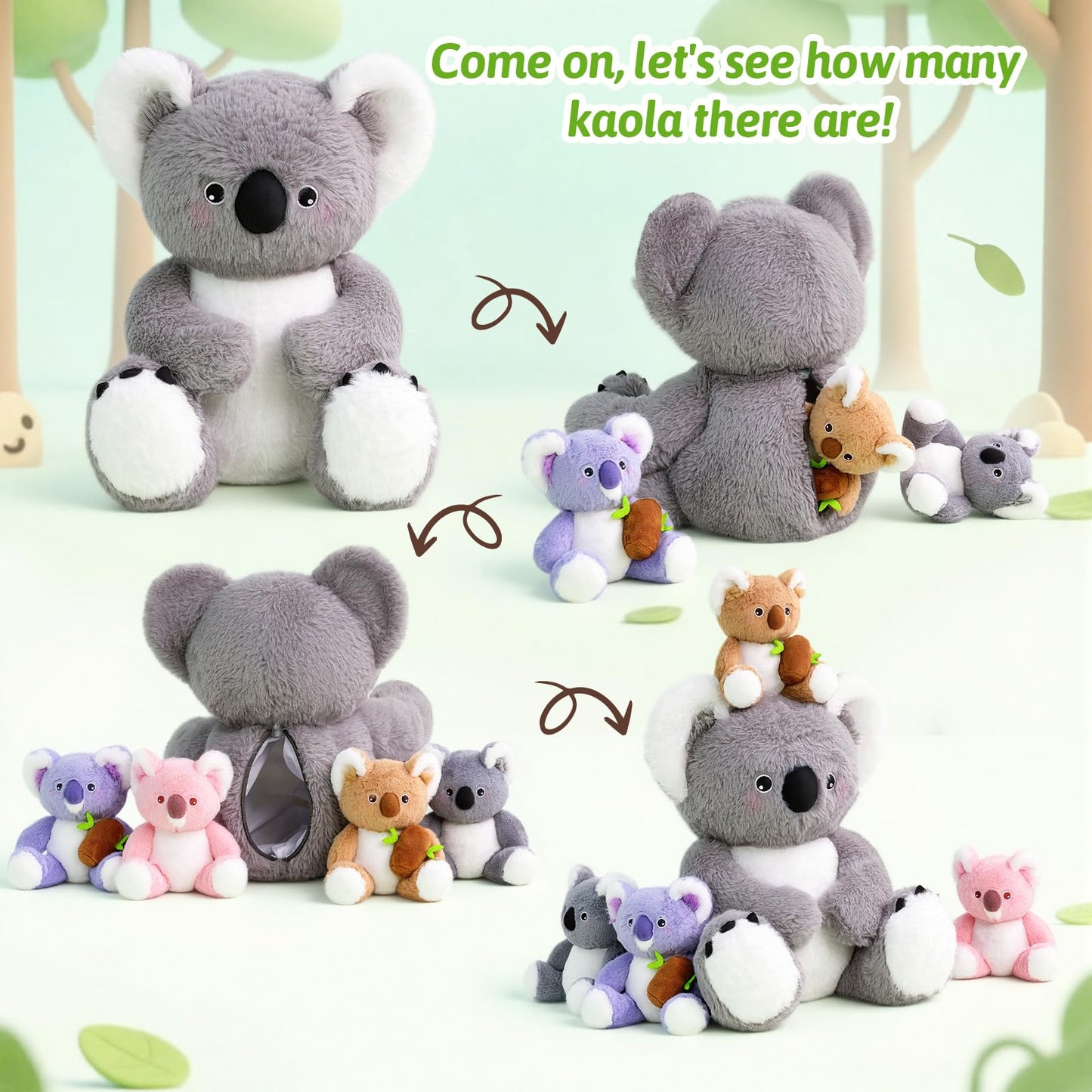 OUOZZZ Koala Stuffed Animal with Babies Inside - 12" Plush Toy with 4 Baby Koalas - Gift Present Toys for Girls & Boys