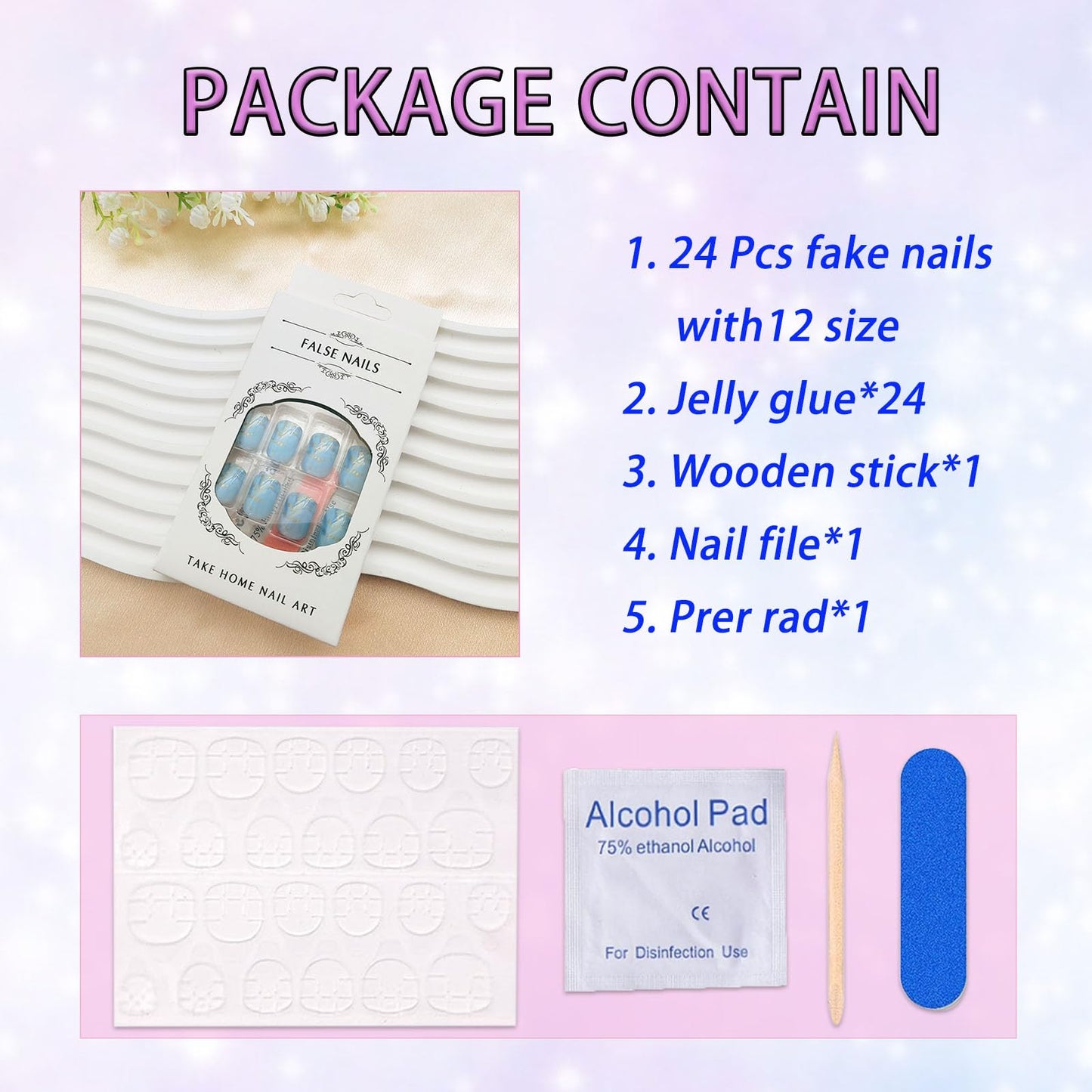 Square Press on Nails Short Fake Nails Blue Summer Nails Press ons with Cute Blue White Sea Waves Gold Foil Designs Glue on Nails Reusable Stick on Nails for Finger Manicure 24 Pcs