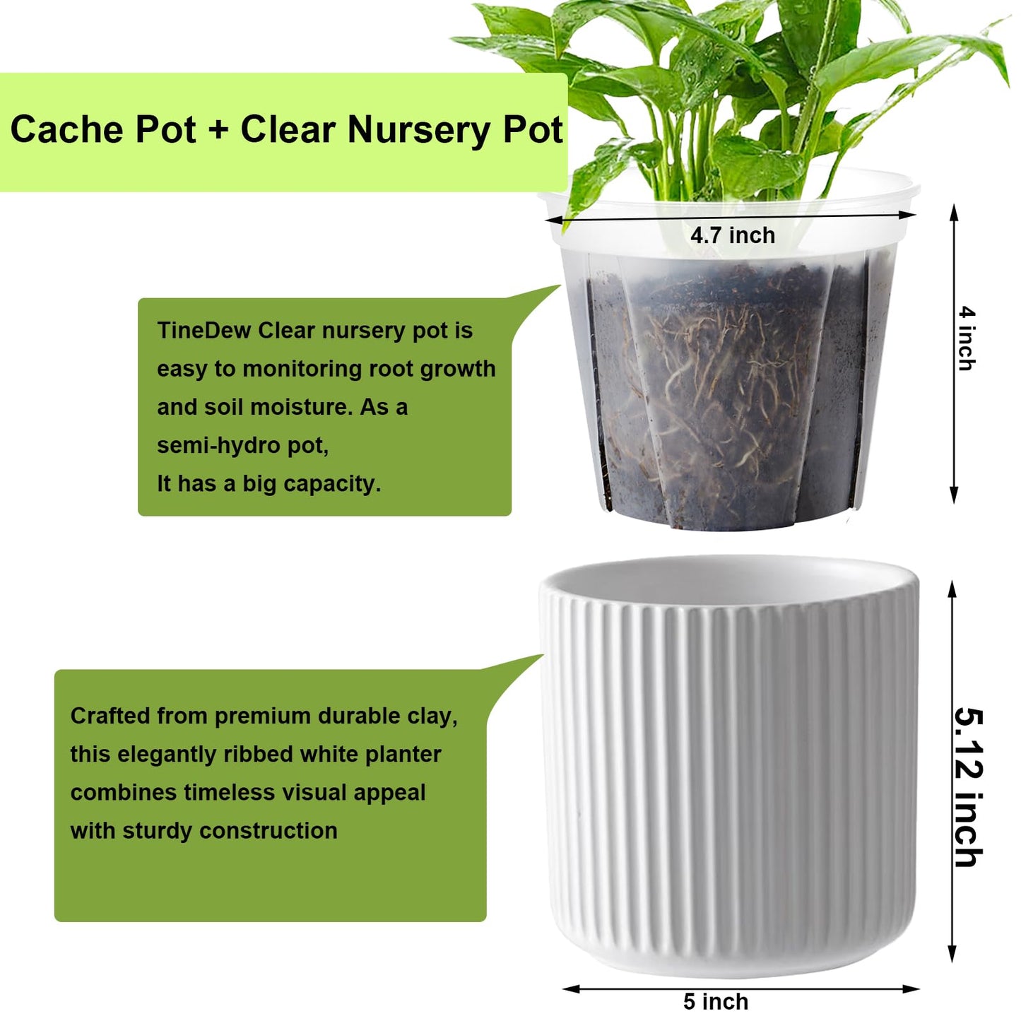 TineDew 2 Pack of 5in Ceramic Cachepot with 5 inch Clear nusery Pot - self Watering Indoor Planter with Drainage for Root Visibility,semi Hydro pots for repotting Orchid,White