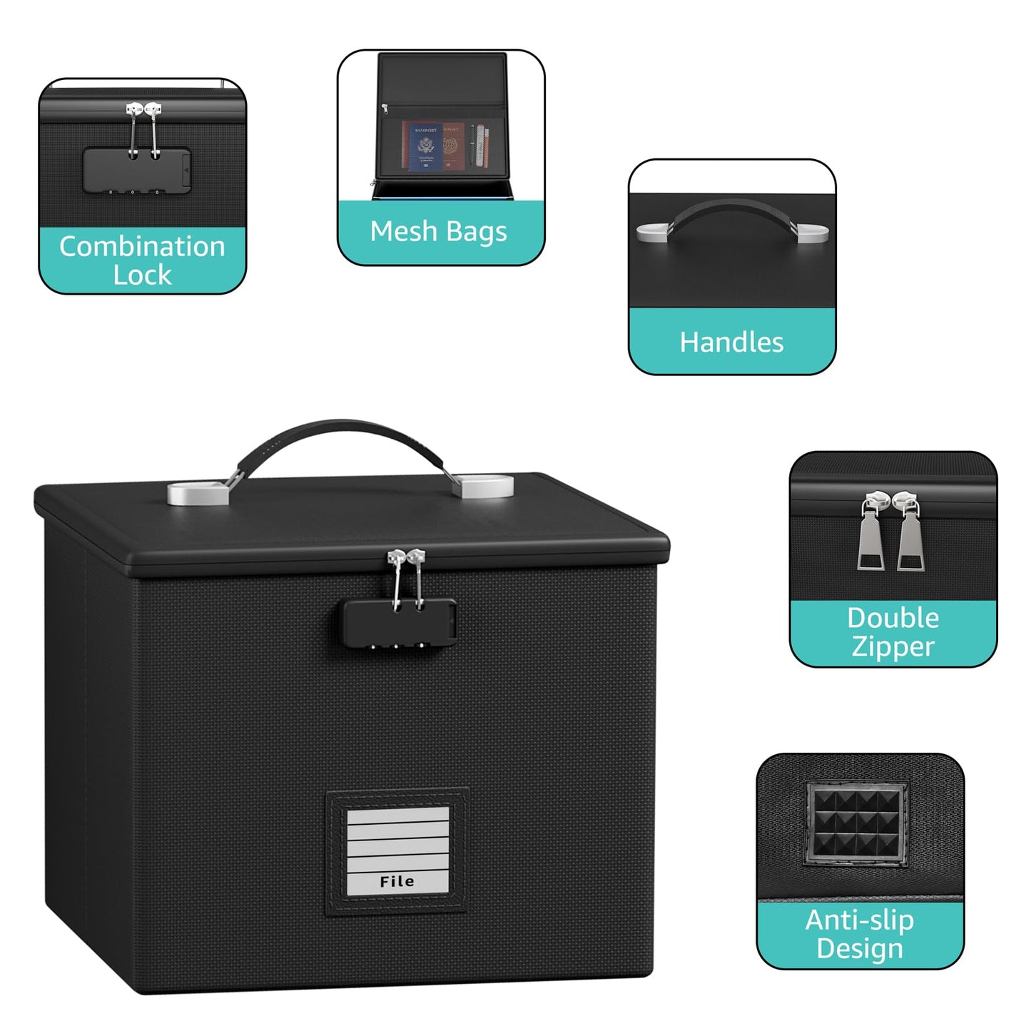 Fire Proof File Box for Documents - Portable Fireproof Document Organizer Box with Handle Waterproof Safe Locking Folder Storage with Lid