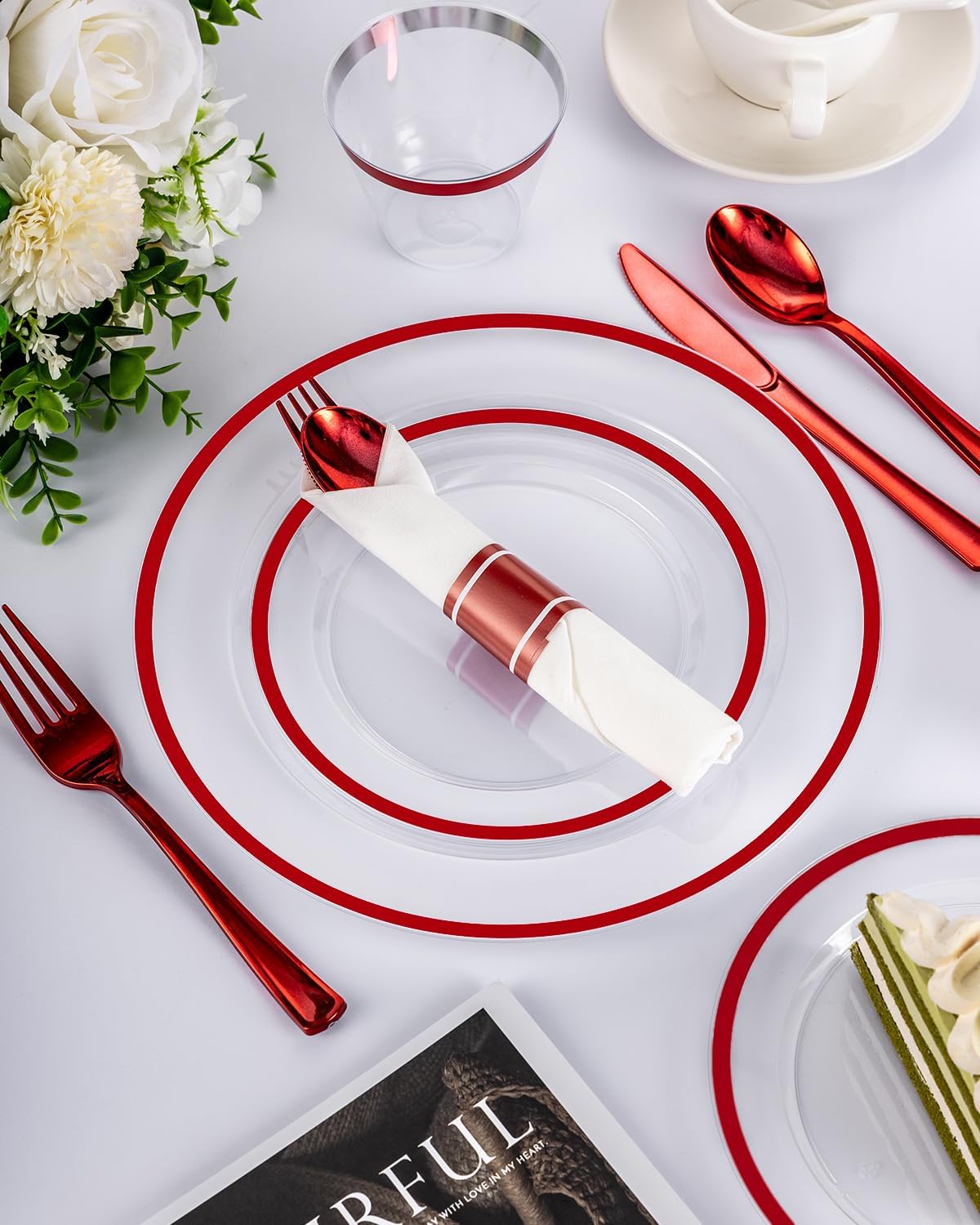 175PCS Plastic Plates for Party, Disposable Clear Red Dinnerware Sets Suitable for 25 Guests,50 Plastic Plates, 25 Cups, 25 Pre-Rolled Napkins with Cutlery for Party, Thanksgiving, Christmas, Wedding