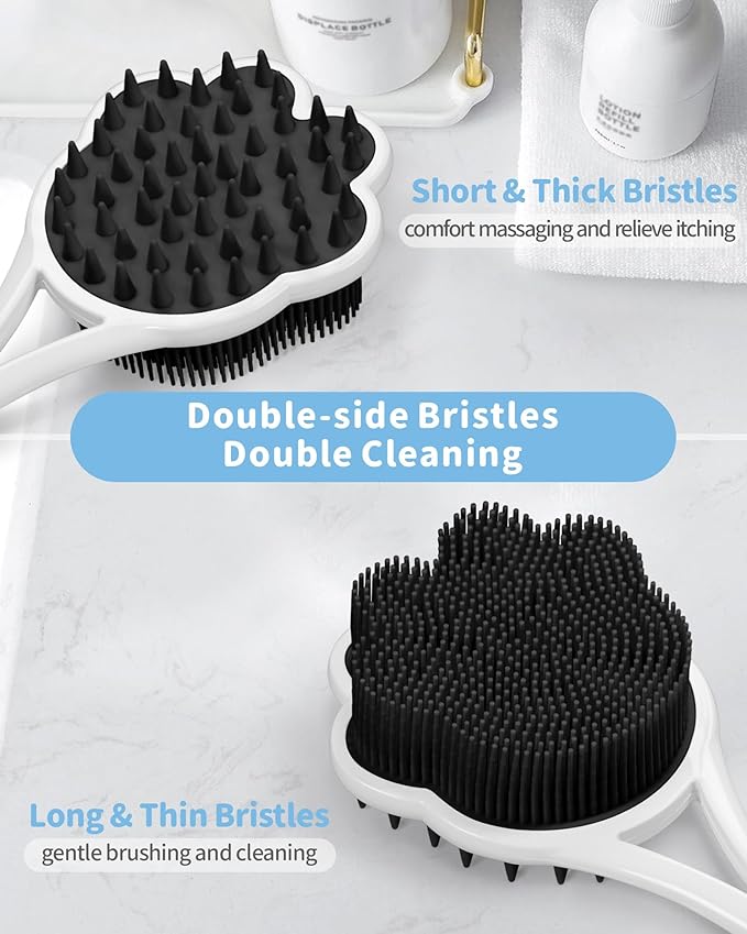 Manmihealth 15.7" Cute Back Scrubber & Soft Silicone Shower Brush Face Scrubber Set (3 PCS), Paw-Shaped Silicone Back Brush & Body Facial Scrubber with Super-Soft Bristles Combination(BlackSet)