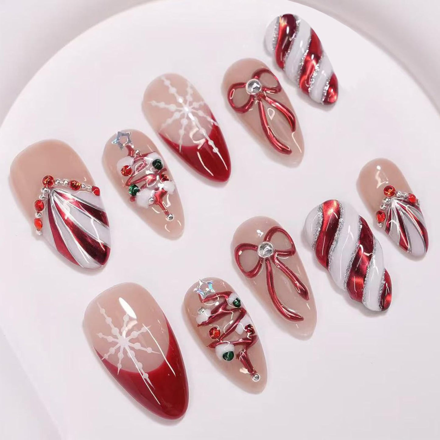 3D Christmas Tree Acrylic Fake Nail Glossy Red Colored Lantern Stick on Fingernails Snowflake Press on Nails 24Pcs Candy Cane Gel Glue on Nail Bow Tie Medium Almond False Nails for Women Xmas Gift