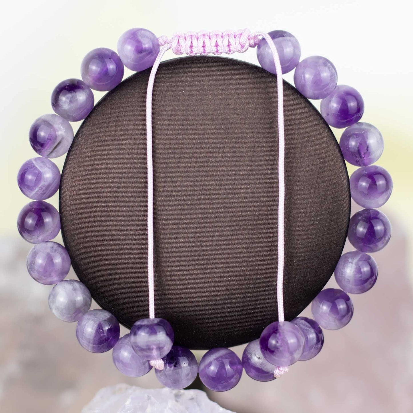 DAZCOLO Handmade Gem Bracelet Adjustable Macrame Gemstone 8mm Round Beads Crystals Quartz Unisex (Dog Teeth Amethyst)
