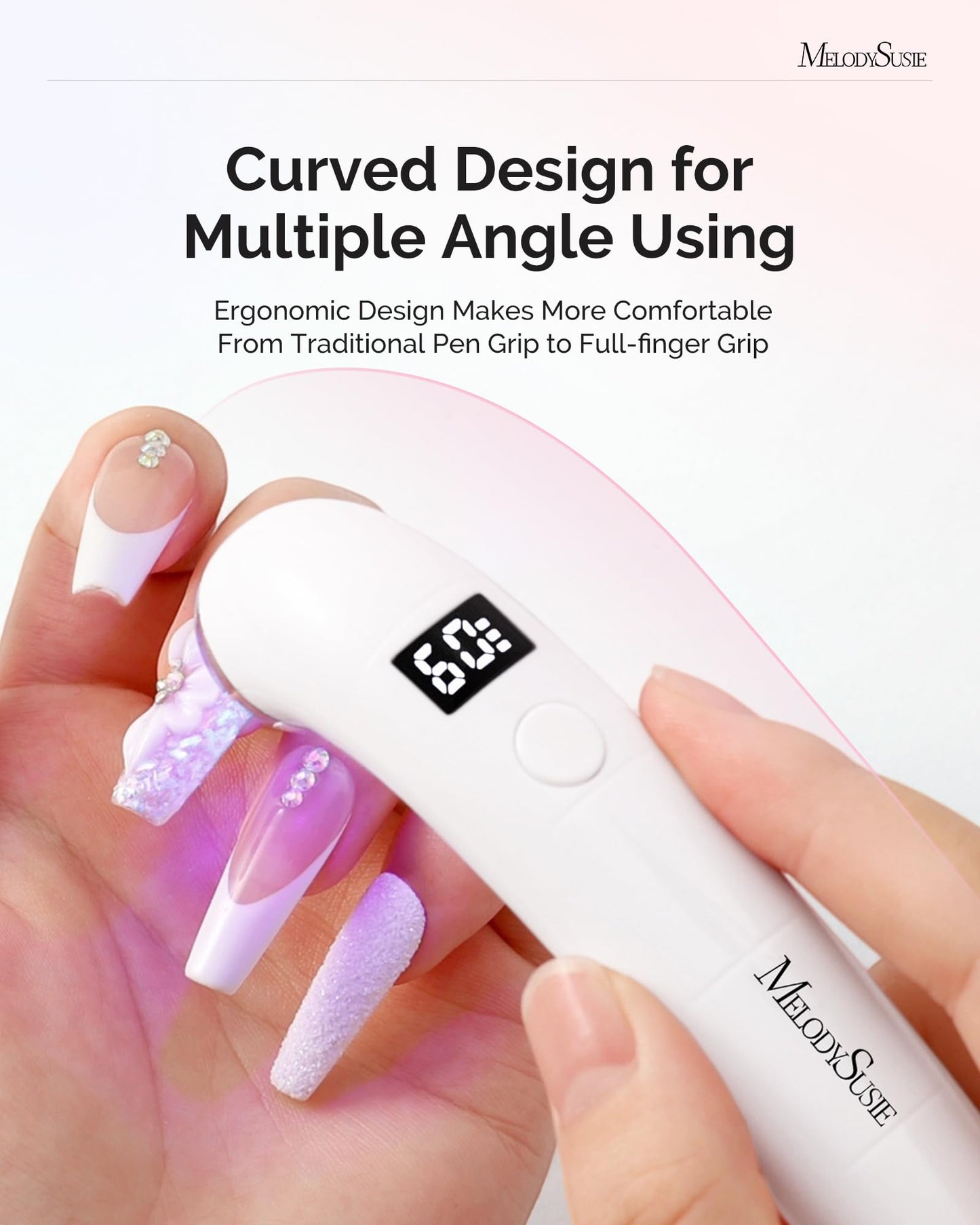 MelodySusie Ergonomic Handheld Cordless UV Nail Lamp with LCD Display & 2 Timers, P-Art01A Rechargeable Mini UV LED Light Flash Cures All Soft Gels, Especially Rhinestone Glue & Liner Gel White