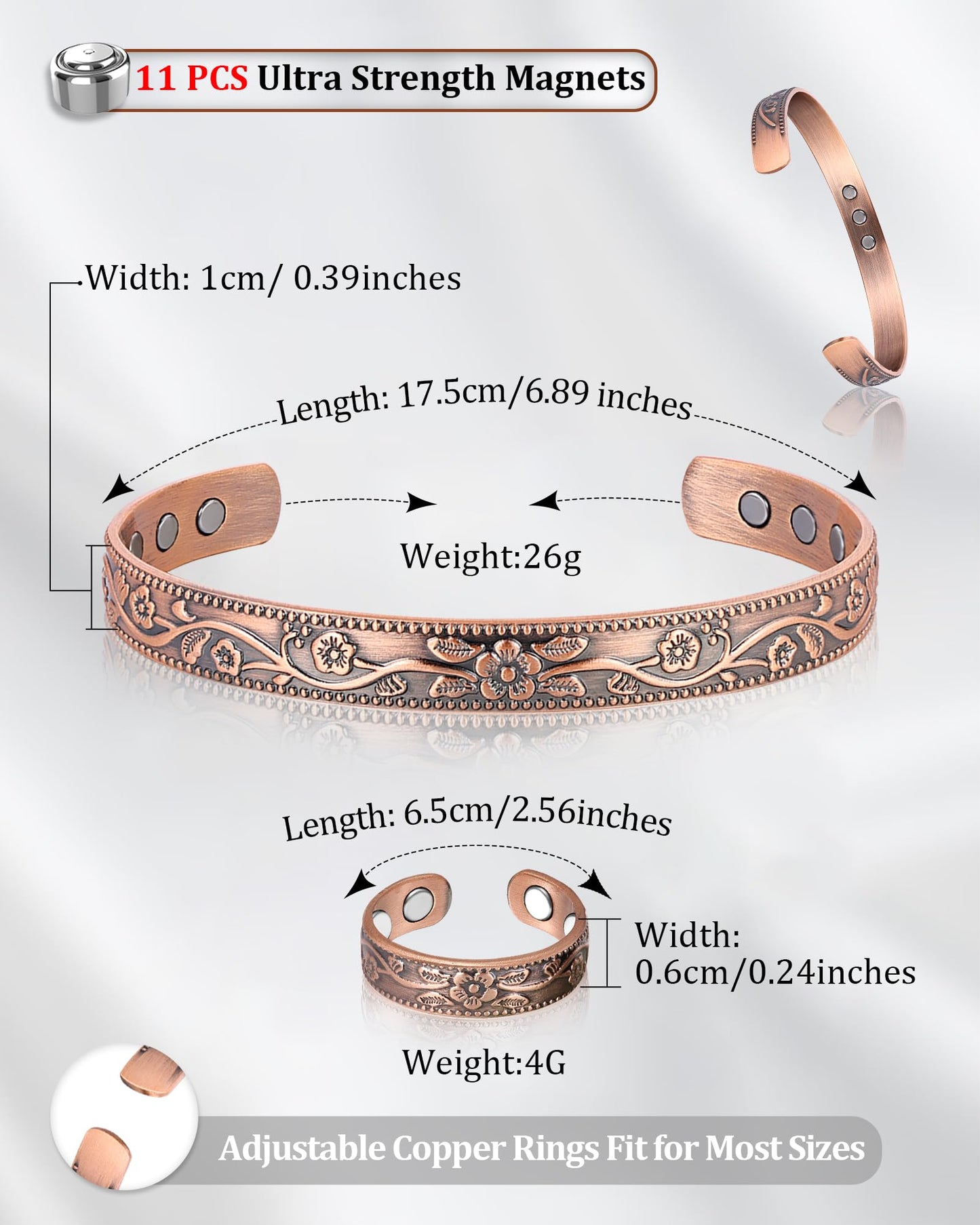 BioMag Magnetic Copper Bracelet & Lymphatic Drainage Ring for Women, 99.99% Pure Copper Magnetic Cuff Bangle with 11 Pcs 3500 Gauss Magnets, Adjustable Size, Floral Vine Pattern