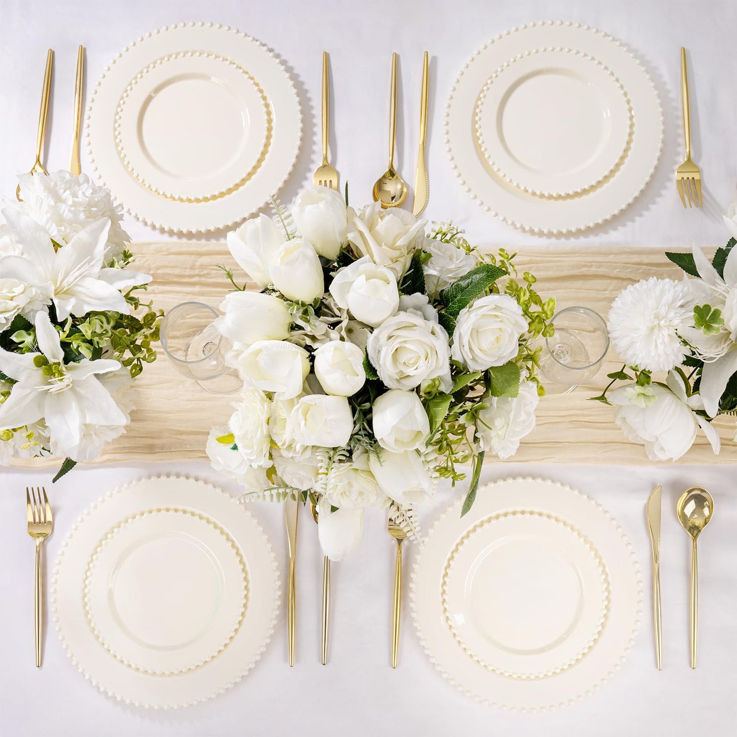 U-QE 60PCS Ivory Plastic Plates - Beaded Ivory Plates Disposable Heavy Duty - Perfect for Party, Baby Shower, Wedding, Birthday - Include 30PCS 10inch Dinner Plate & 30PCS 7inch Dessert Plate