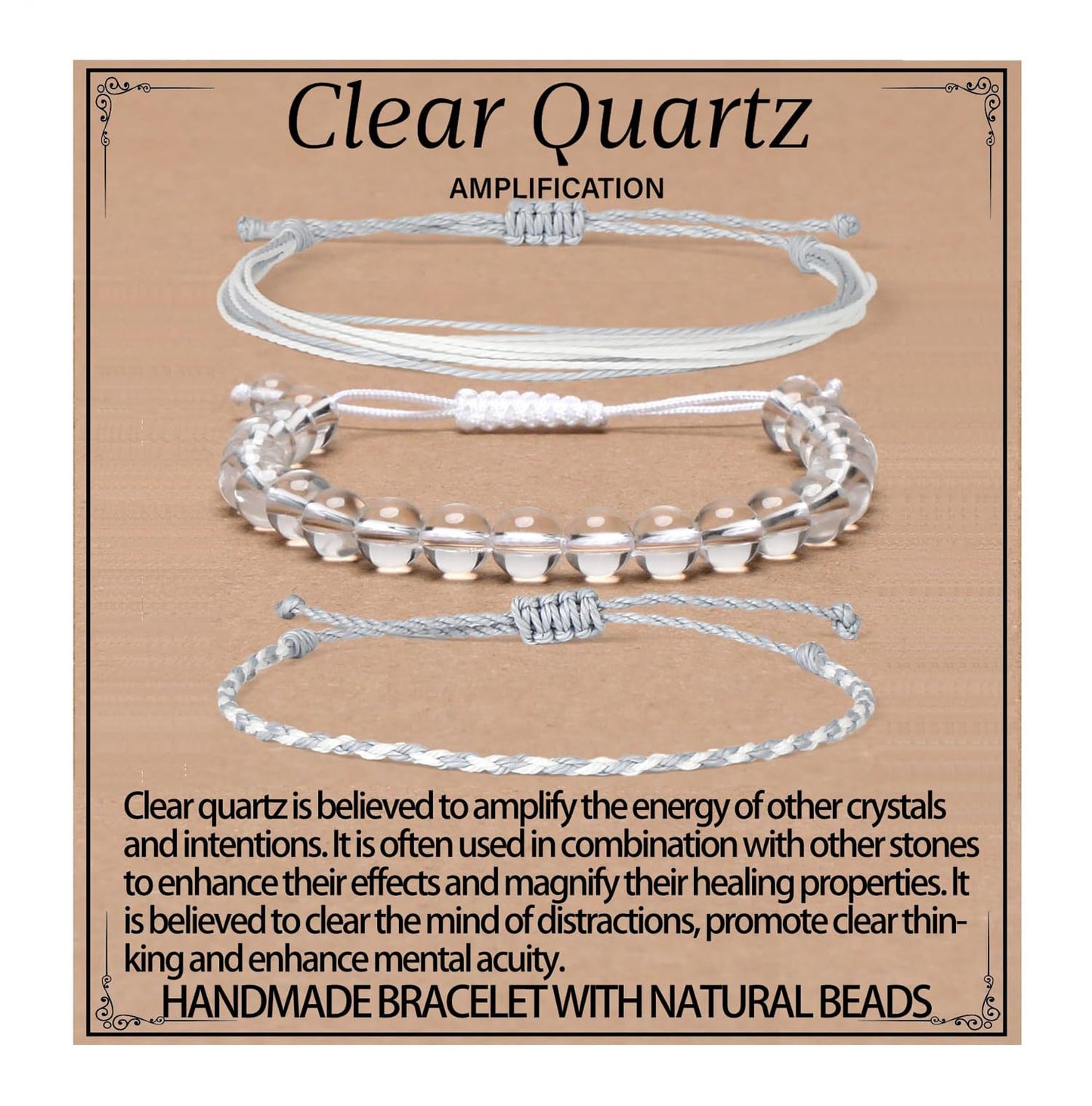 QOGIR Handmade Healing Bracelet,8mm Natural Clear Quartz Crystal Gem Stone Beads Bracelet for Men Women Gifts with 2PCS Size Adjustable Rope Bracelets