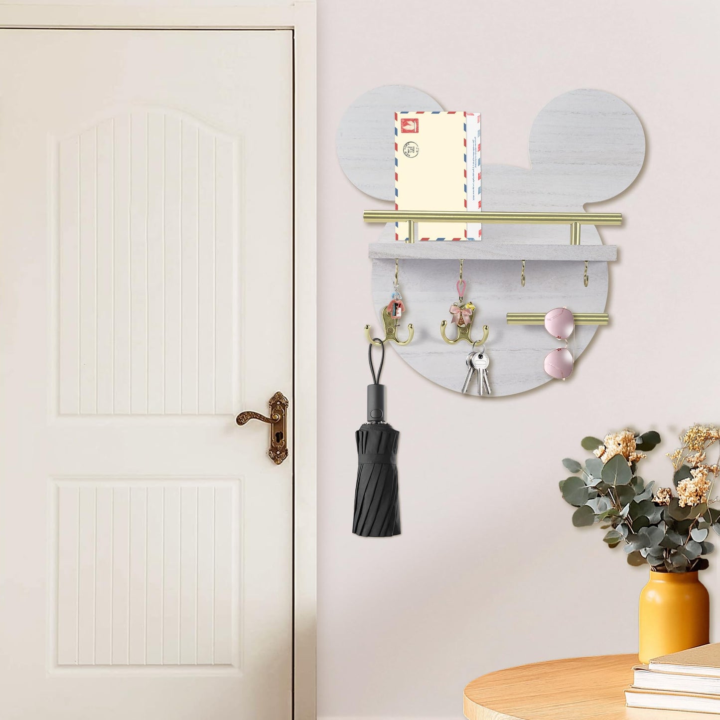 AIRPOP Key Holder for Wall–Mouse Wooden Mail Organizer Wall Mount with Shelf and 6 Hooks, Easy Installation Key Rack Hanger for Entryway Living Room Home Decor(White)