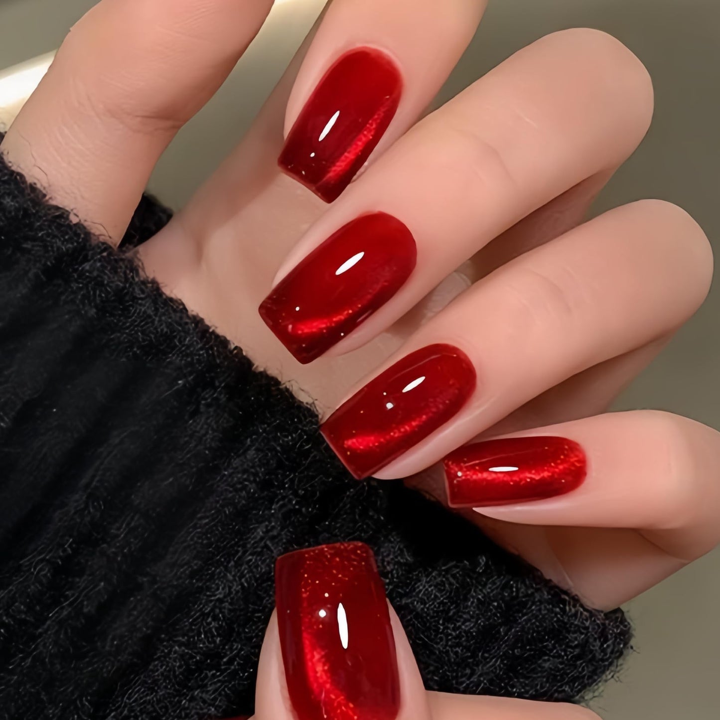 Red Press on Nails Medium Square Fake Nails Wine Red Cat Eye False Nails Glossy Chrome Glue on Nails Shiny Glitter Reusable Artificial Acrylic Nail for Women Girls Manicure 24Pcs