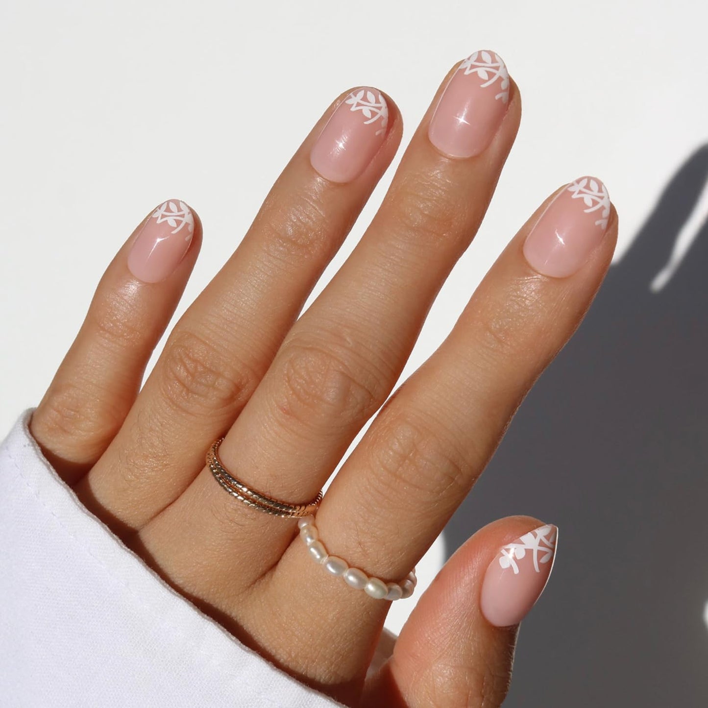Glamnetic Press On Nails - Love Preserved Spring Nails | Short Oval Fake Nails in Semi-Transparent Base with White Floral Tips in a Glossy Finish | 15 Sizes - 30 Nail Kit with Glue