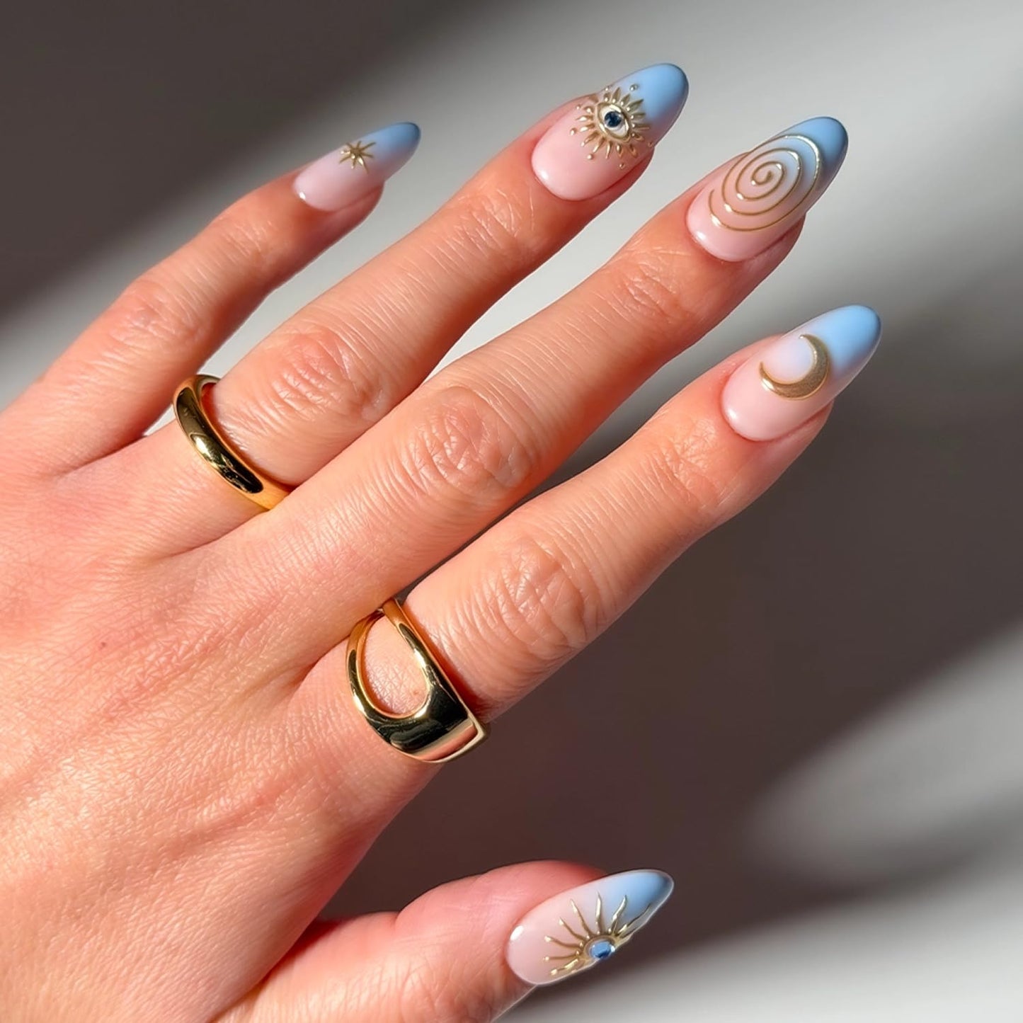 Glamnetic Medium Oval Press-On Nails Bundle - Spirited Sky & Capri Coast | Celestial Fake Nails with Gold Accents | Blue French Tips with Orange Accents | Durable, Salon-Quality Nail Kits