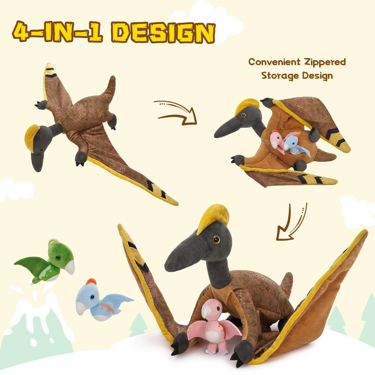 MaoGoLan 4 Pcs Pterodactyl Stuffed Animal with 3 Babies Inside Belly, 37 inch Pterodactyl Plush for Kids Giant Dinosaur Toy Dino Squad Party Favors Decorations Christmas