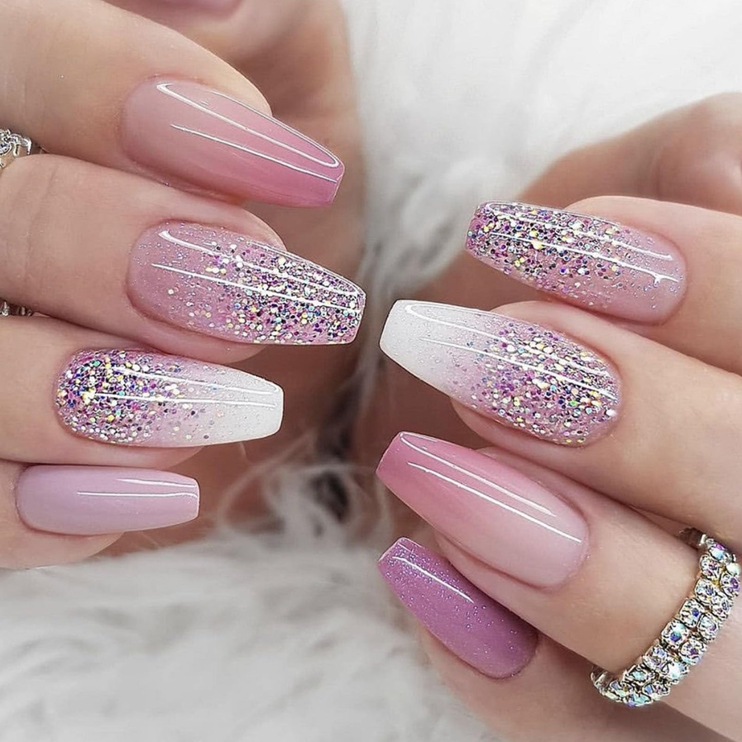 Coffin Press on Nails Medium - Purple & Pink Gradient Fake Nails Press on Nails Full Cover Glue on Nails Glitter Designs Artificial Acrylic Nails for Women 24 Pcs