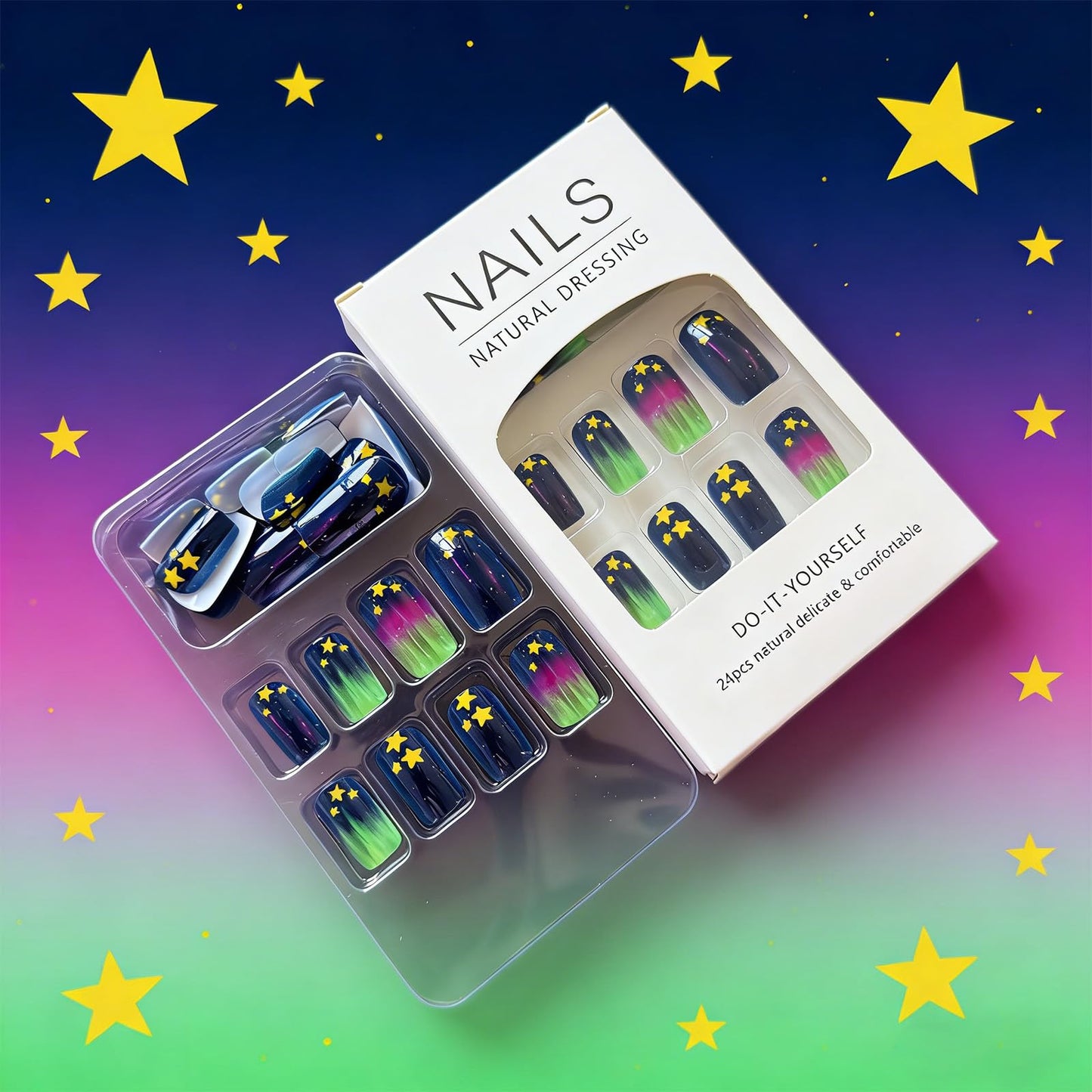Star Press on Nails Medium Square Fake Nails Gradient Aurora False Nails Press ons with Starry Dots Design Reusable Artificial Nail Full Cover Glossy Stick on Nails for Women Manicure 24Pcs