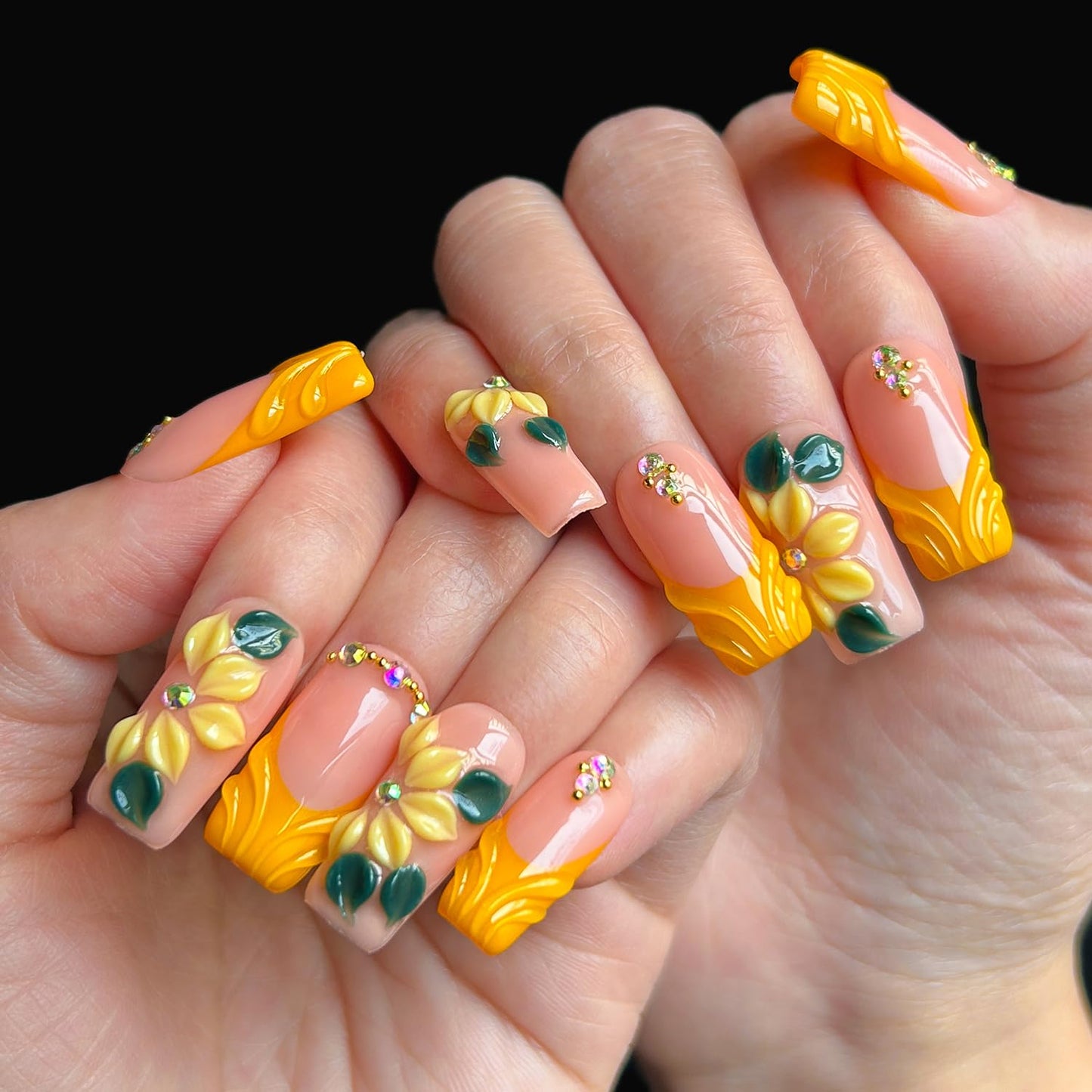 MXYIYANR Press on Nails Square Fake Nails,Spring French Tip False Nails with 3D Design False Fingernails, Glossy Full Cover Stick on Nails for Women Manicure 10 Pcs (S)