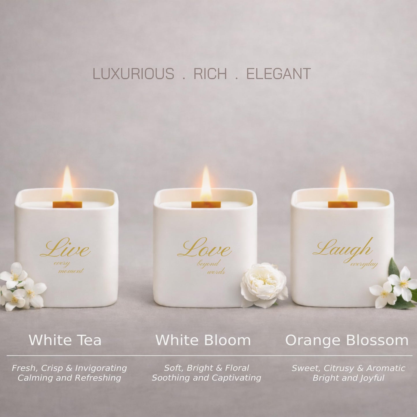 Set of 3 Premium Scented Soy Candles Gift Set | One Life Collection - Orange Blossom, White Tea & White Bloom | Crackling Wood Wick | Luxury Candle Set for Relaxation, Home Décor & Gifts | 9.8oz Each
