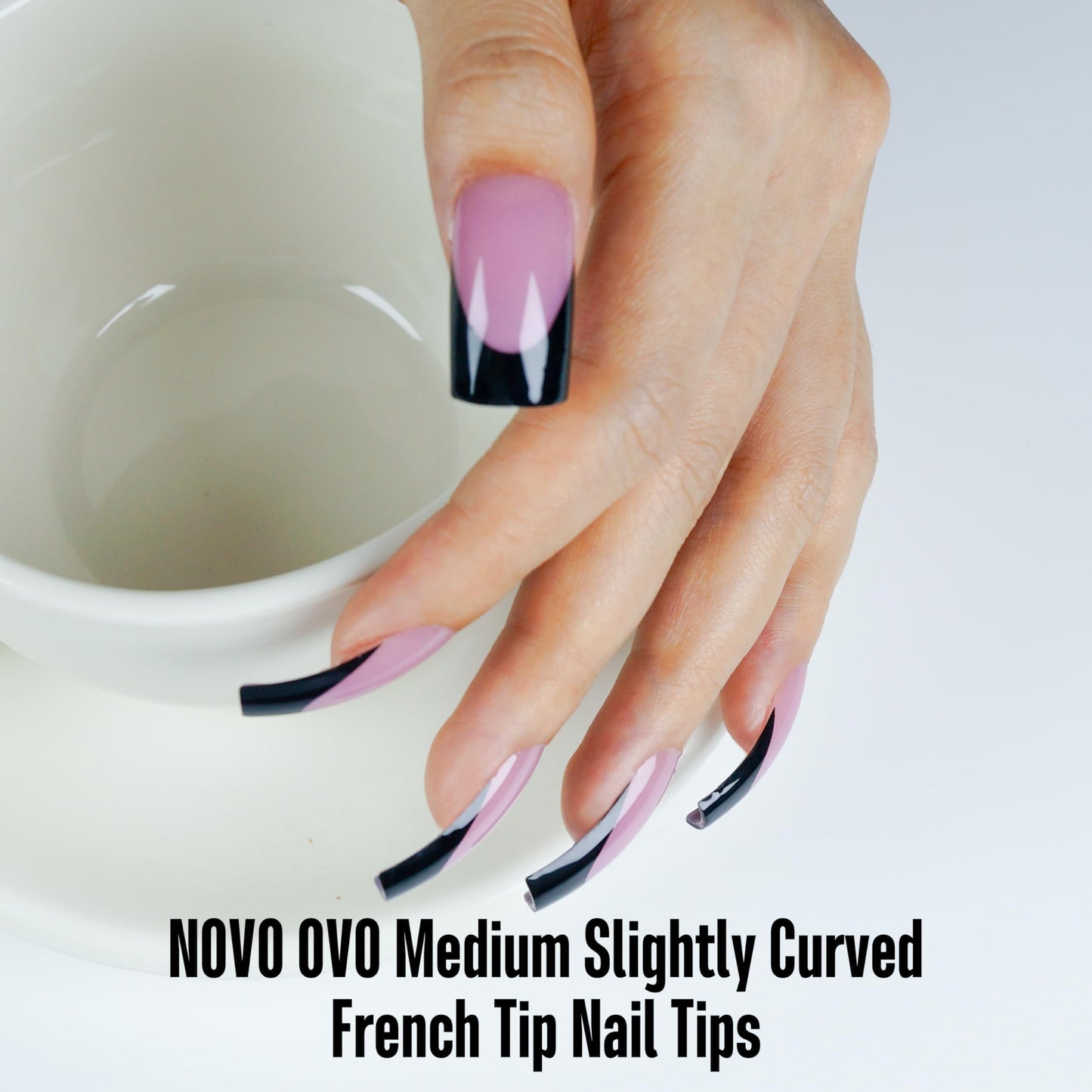 NOVO OVO Halloween Black French Tip Nail Tips Slightly Curved Medium BERRY PINK Full Cover for Press on Acrylic, Extra Thick M Soft Gel False Nail, need Builder Gel Top Coat, for DIY 15 Sizes 240 pcs