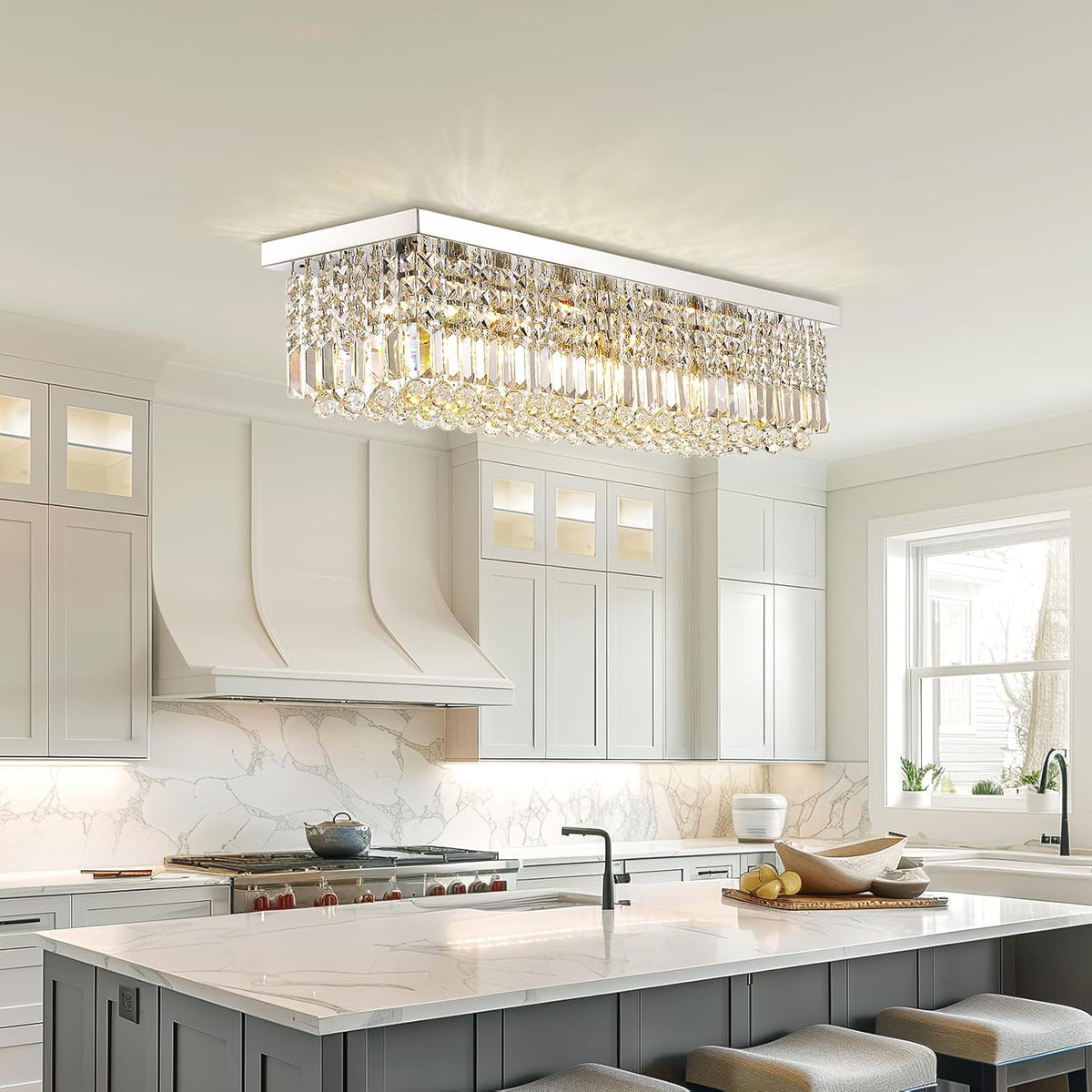 Siljoy Modern Crystal Chandelier 8-Lights Rectangular Flush Mount Pendant Ceiling Light Fixture Rectangle K9 Crystal Raindrop Chandelier for Dining Living Room Kitchen Island L40'' x W10'' x H10'