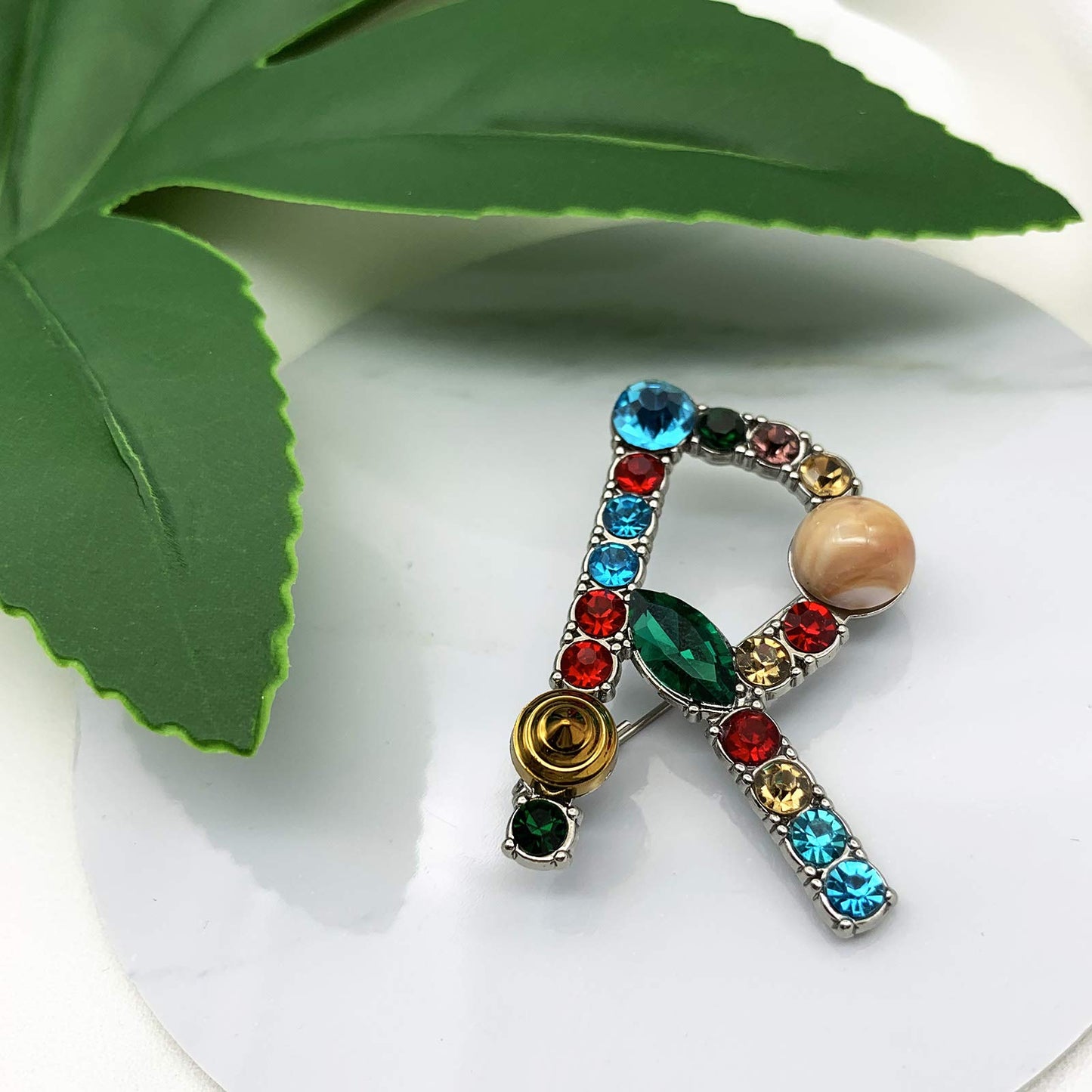XGALBLA Letters R Plated Metal Stone Clear Colorful Crystal Lapel Pin Brooches Collar(Silver Tone)
