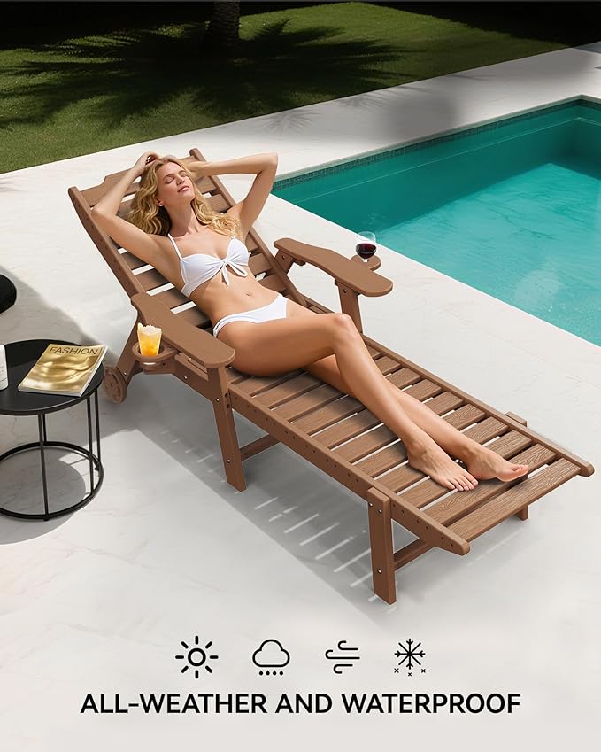 Carauci Lounge Chair Outdoor Set of 2, HDPE Chaise Lounge with Wheels, 5-Position Adjustable Backrest & 2 Cup Holders Patio Lounge Chair, All-Weather Pool Sun Lounger for Poolside, Backyard, Teak