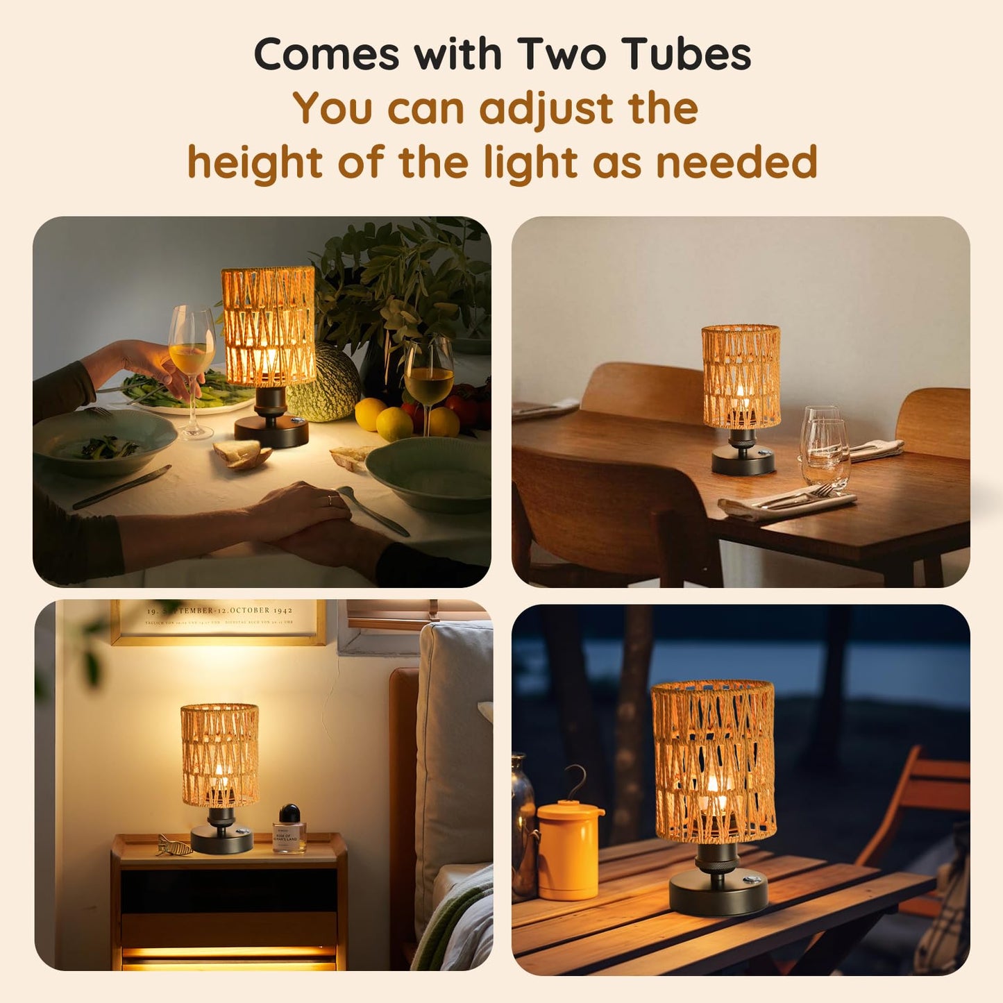 Wireless Table Lamp Charging Set—Beige, 4000mAh Rechargeable Table Lamp, Touch-sensitive Button Dimming, Ideal for Bedrooms, Bathrooms, and Dining Rooms, Includes Woven Lampshade and Warm Light Bulb