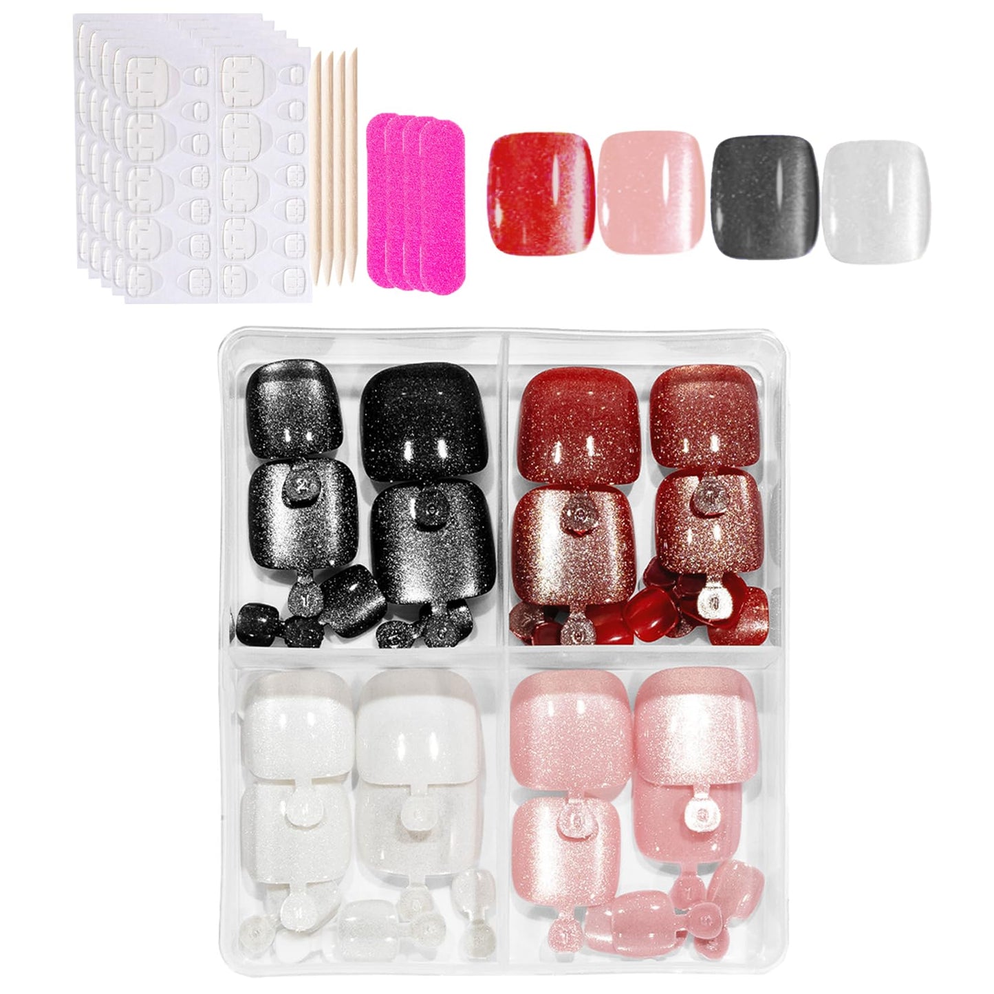 96Pcs Press on Toenails Short Square Press on Toe Nails Cat Eye Fake Toe Nails Red Pink Black White False Toenails Glitter Reusable Full Cover Acrylic Toe Nails for Women Manicure