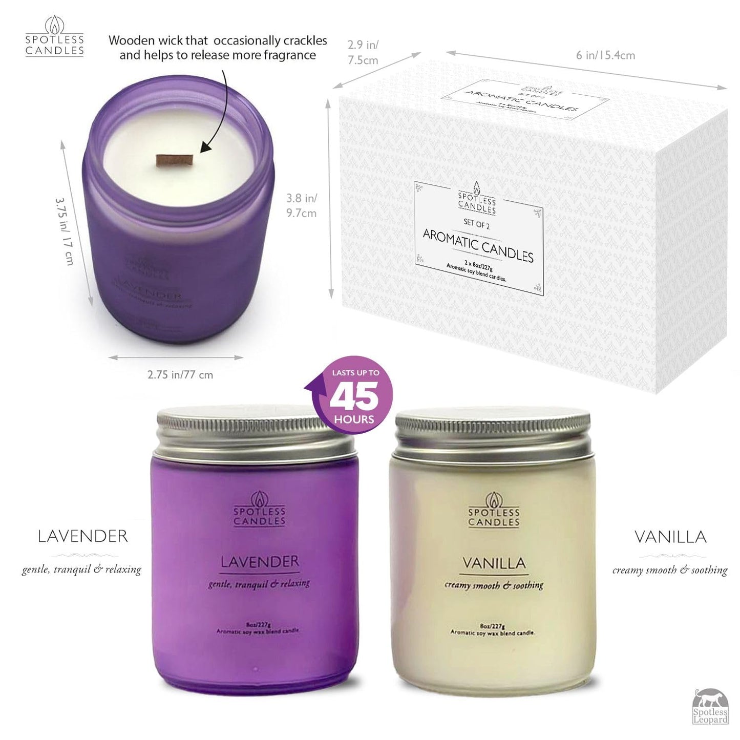 Aromatic Candles Two Pack - 2 x 8 oz Lavender & Vanilla in a Gift Pack, Classic Candle Set for Men and Women by Spotless Leopard