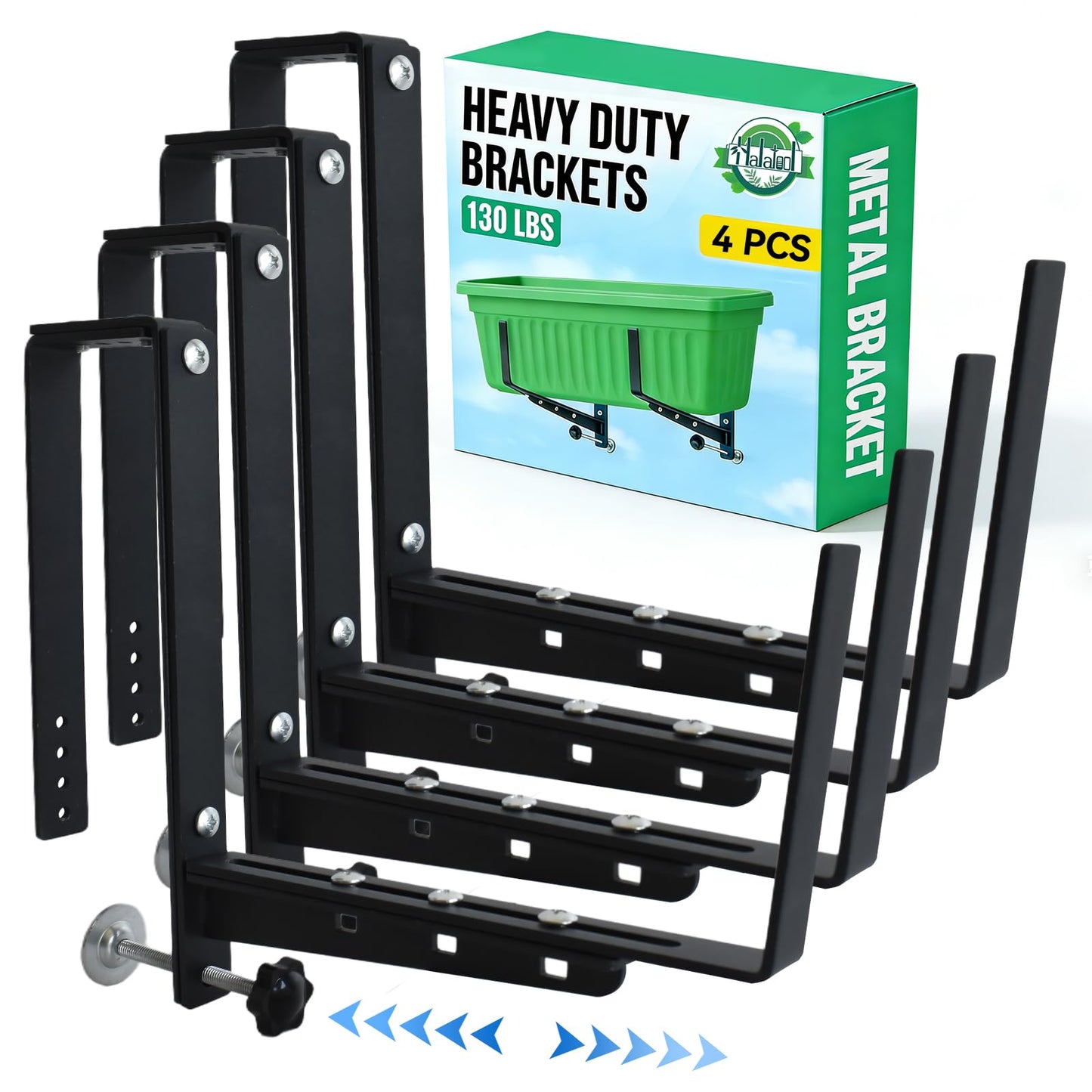 Halatool Railing Planter Box Brackets Outdoor, 4 Pack Adjustable Flower Planter Window Box Brackets, Heavy Duty No Drill Window Box Brackets with 65 lb Capacity for Railings Balcony Porch Fence