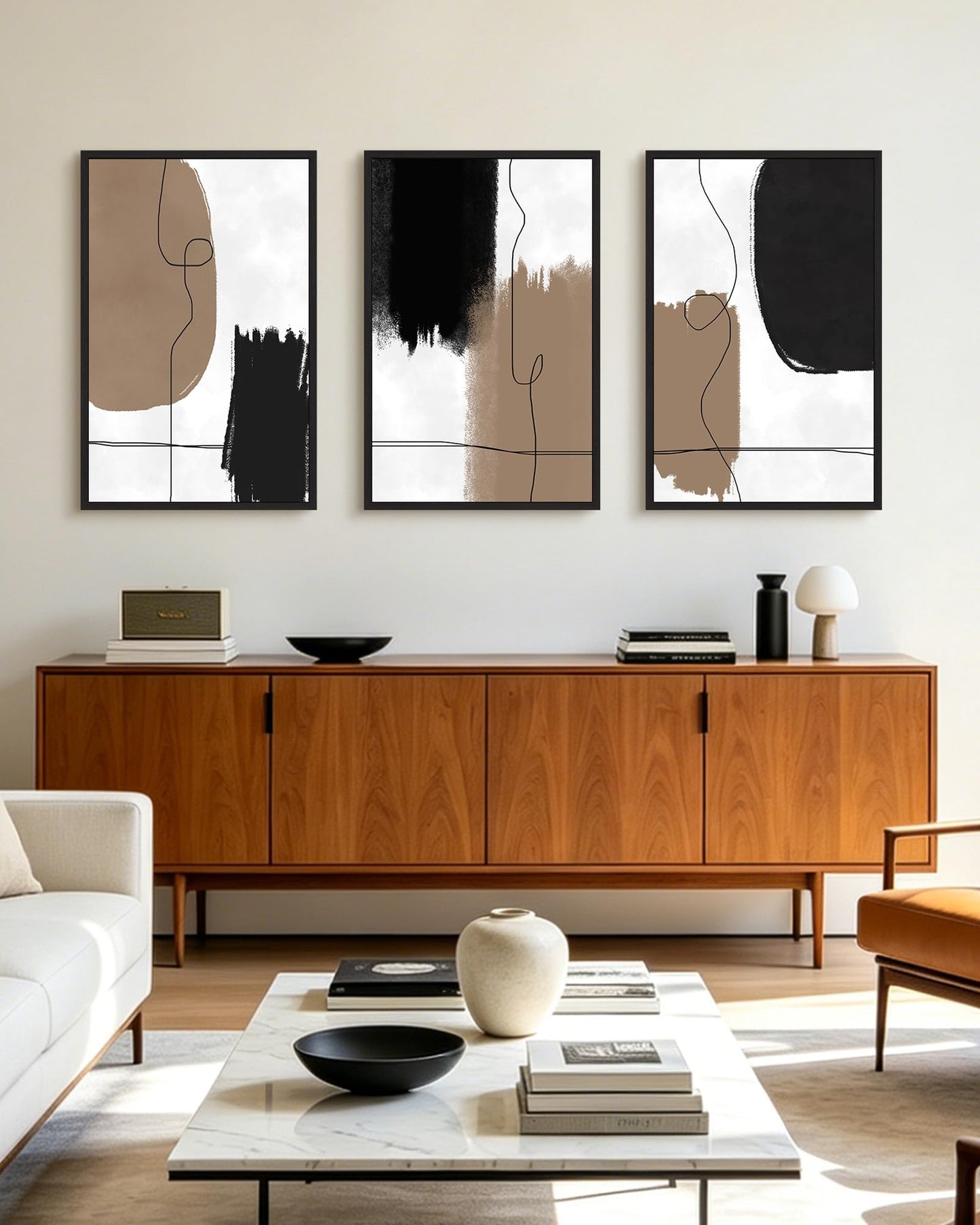 KUVIOKE Neutral Abstract Framed Wall Art Beige Mid Century Textured Wall Decor Minimalist Line Modern Illustrations Art Print Home Decor 24x36in (Black Framed)