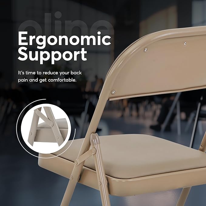 Oline Vinyl Folding Chairs, Padded Vinyl Cushion Chairs with Durable Metal Frame, Indoor Outdoor Stackable Foldable Guest Chairs for Office Wedding Kitchen Dining, 300lb Capacity (Khaki, 4 Pack)