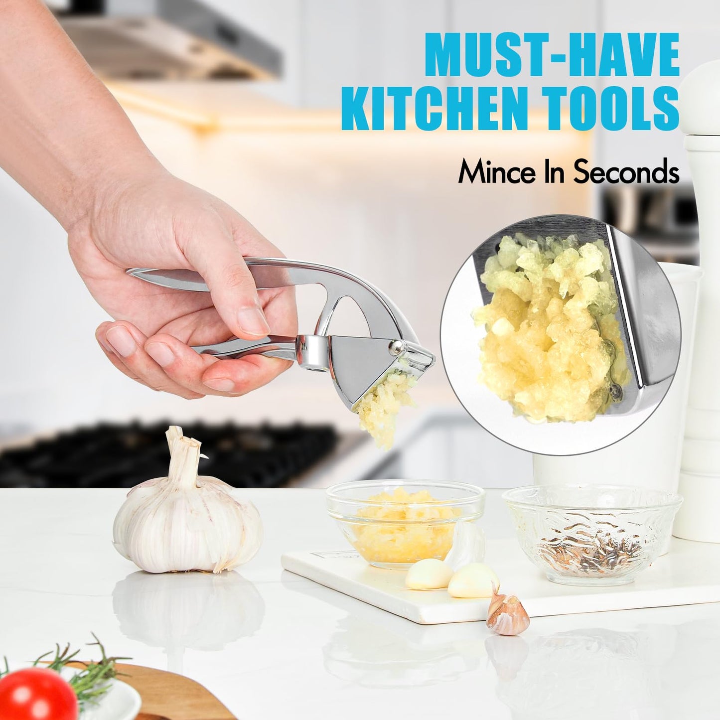 COKORA Garlic Press, Premium Kitchen Metal Garlic Crusher Masher Tool, Rust Proof & Dishwasher Safe, Heavy Duty Professional Garlic Mincer with Ergonomic Handle, Easy to Squeeze and Clean -Silver