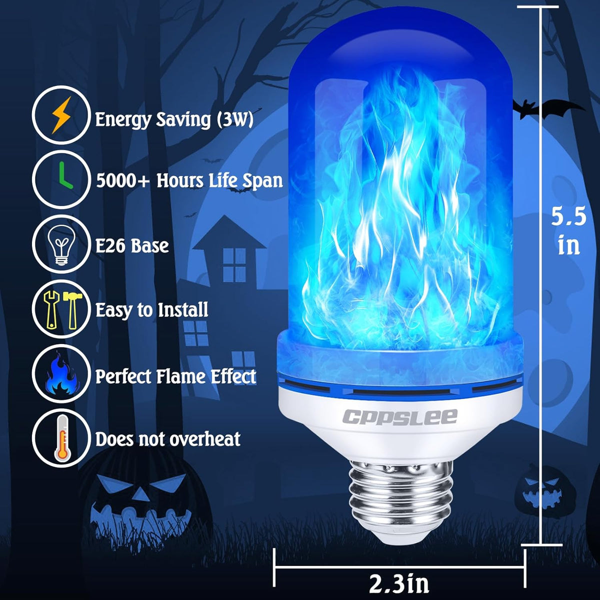 CPPSLEE Upgraded LED Flame Light Bulbs, 4 Modes Flickering Light Bulbs, E26 Base Fire Flame Bulb for Halloween Decorations Outdoor, Christmas Lights Patio Indoor Home Decor (Blue, 2 Pack)
