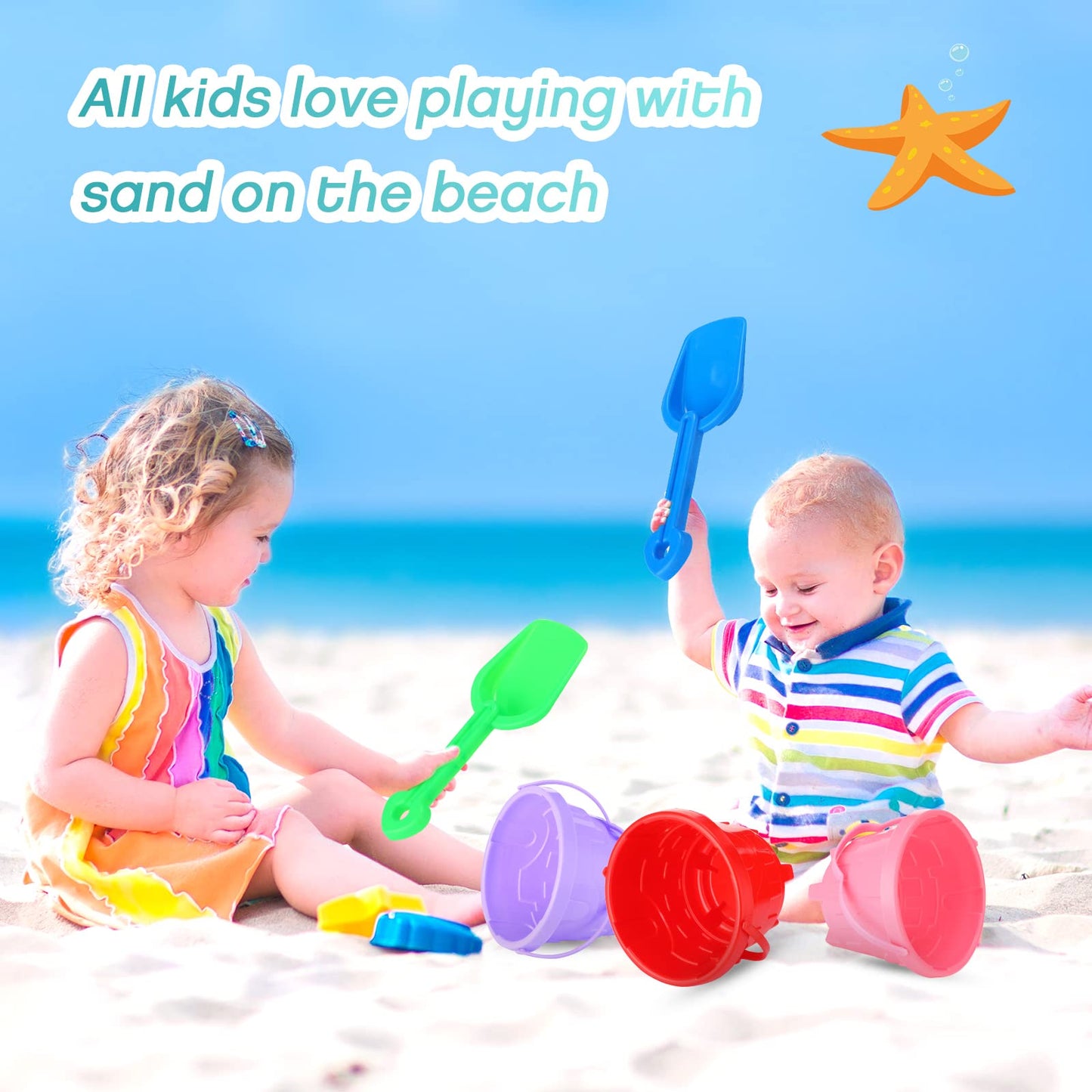 Didaey 30 Set Beach Sand Buckets and Shovels, Include Sand Pail Bucket 6 Colors with Castle Design Inside and Shovels for Boys Girls Summer Party (5.5 x 4.7 Inch)