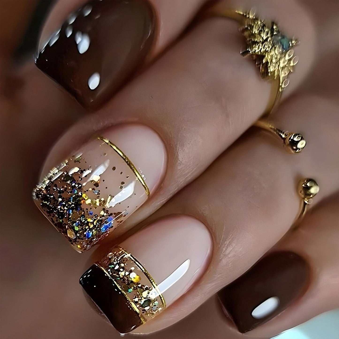 Fall Press on Nails Square Short Brown French Tip Nails Press Ons 24 Pcs Glossy Glitter Designs