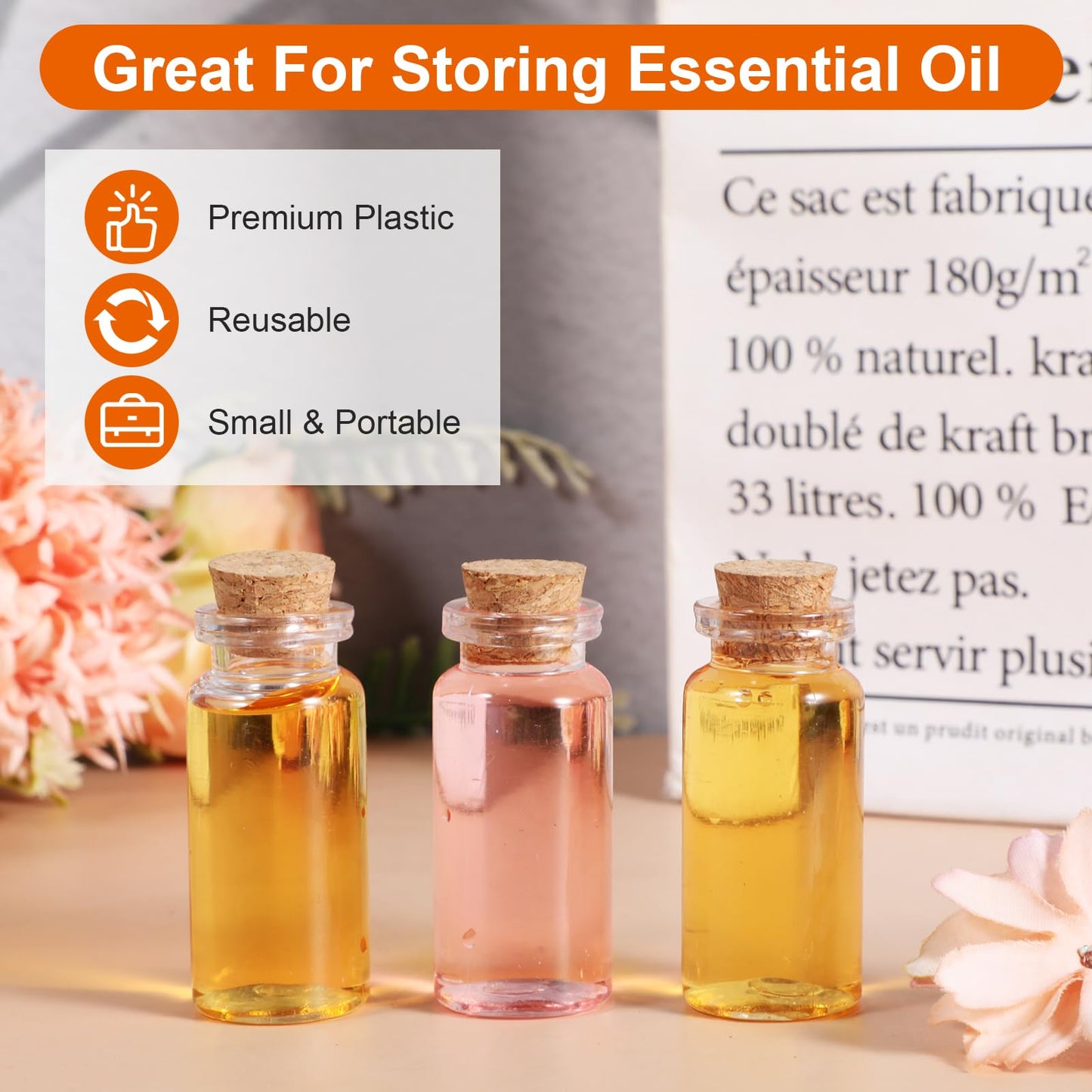 xozeooeu 120 Pack 10ml Mini Plastic Bottles with Cork Stoppers, Small Empty Clear Plastic Jars for DIY Crafts, Wedding Favors, Spice & Sample Containers, Party Decor