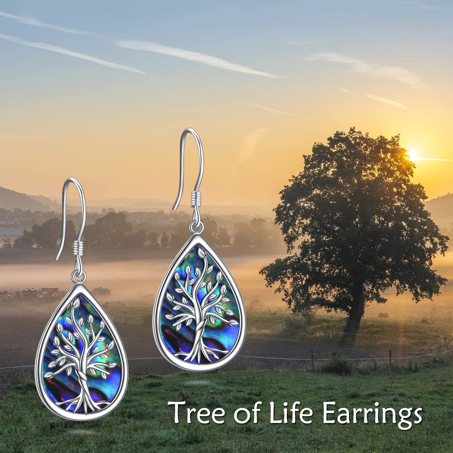 POPLYKE 925 Sterling Silver Tree of Life Earrings for Women Teardrop Abalone Earrings Dangle Tree of Life Jewelry