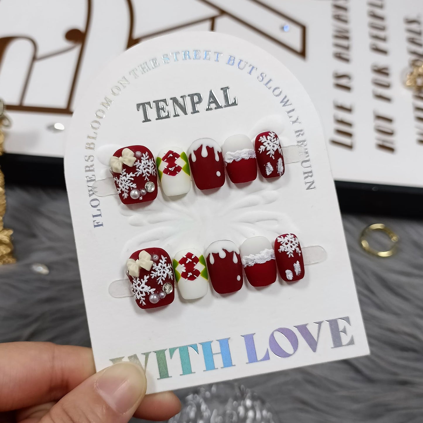 TENPAL Squoval Press on Nails -Acrylic Red Velvet Matte with Pearl Plaid & Snowfall Design | Handmade Winter Elegant Fake Nails with Tools | Christmas Party Gift Set(L)