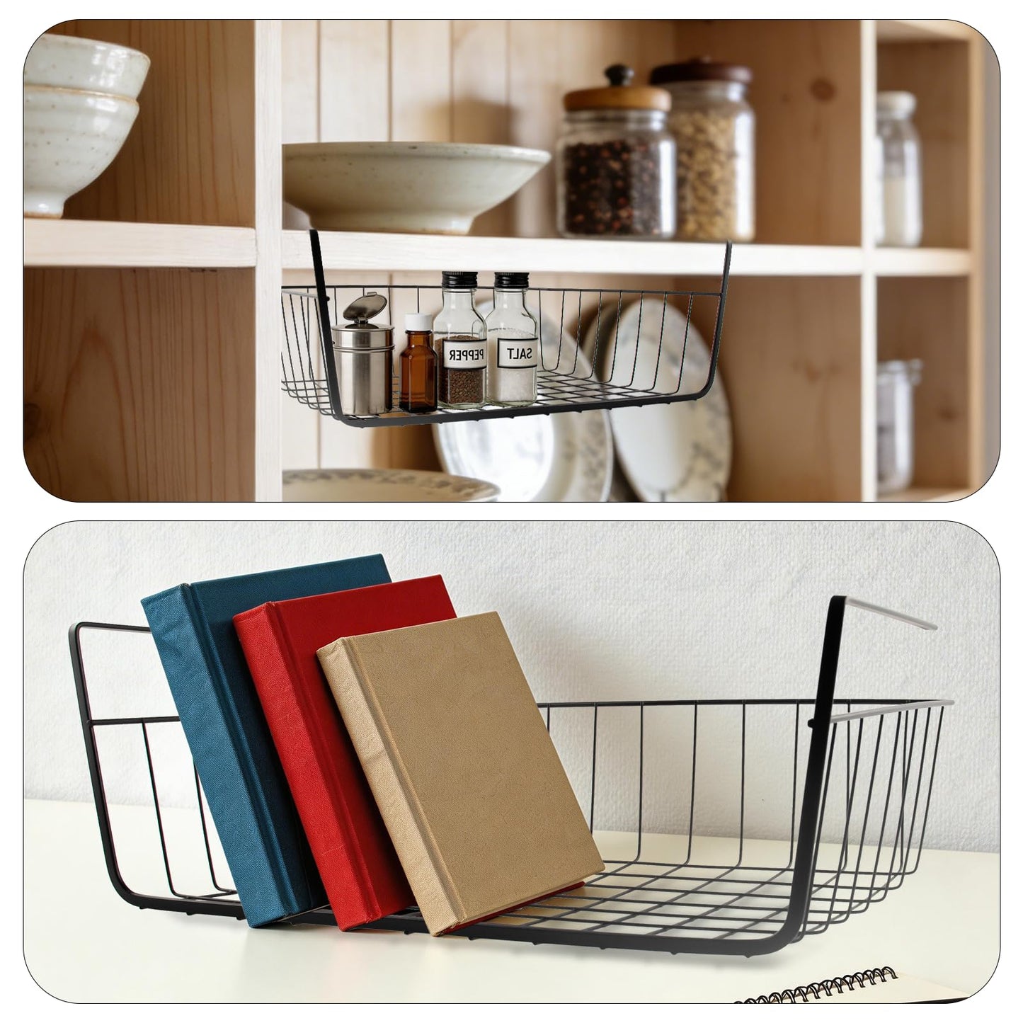 Orepzinc 8 Pcs Under Shelf Basket, Hanging Under Cabinet Wire Storage Rack Slides Under Wire Shelves for Counter Pantry Desk Bookshelf