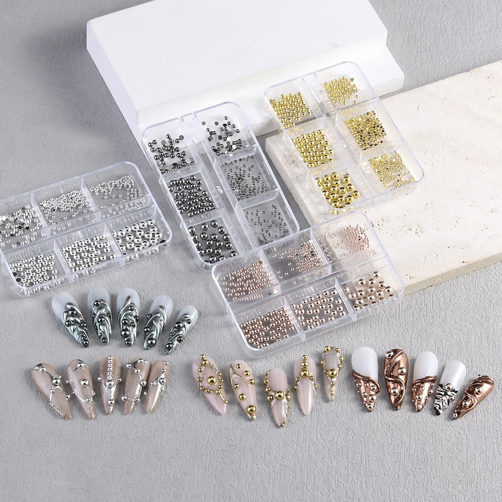 4 Boxes Mixed Sizes Flat Back Steel Beads 3D Nail Charms Kit, Gold Silver Rose Gold Black Half Round Metal Caviar Beads Balls with Pickup Tweezers Manicure DIY Crafts Decorations