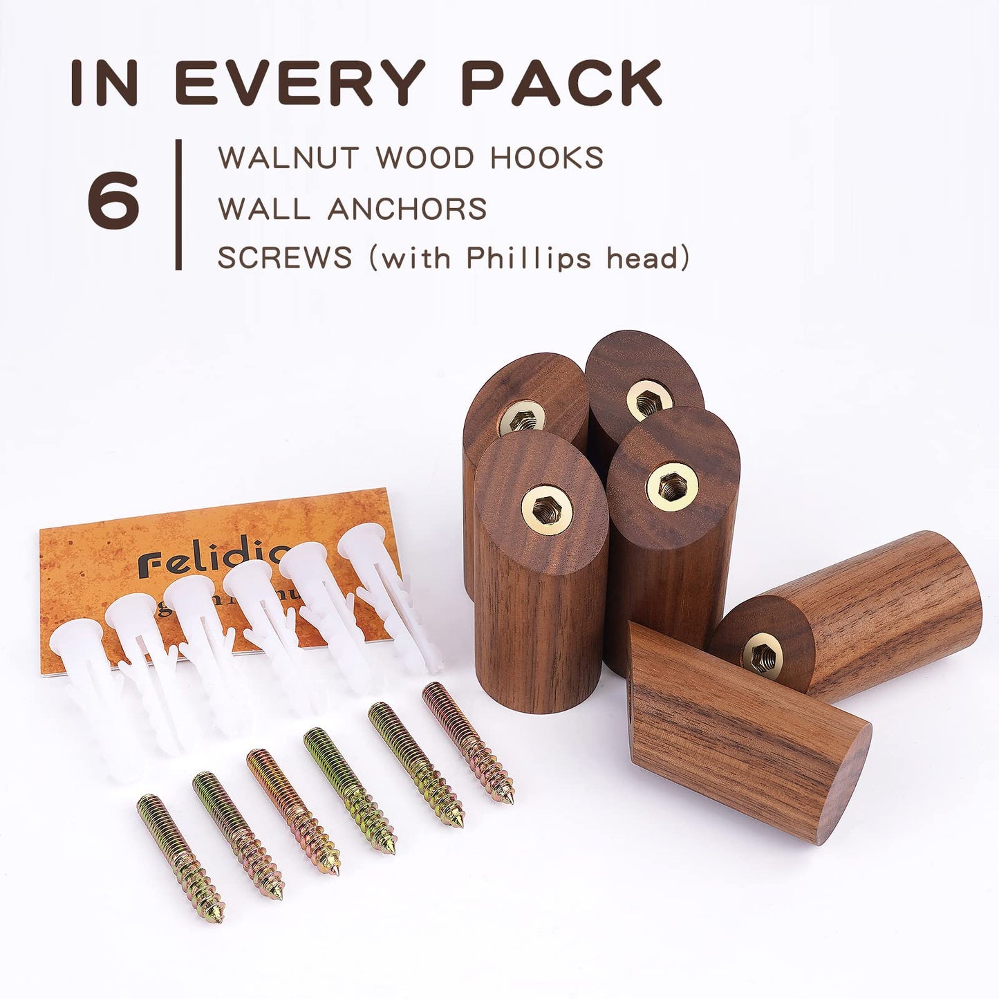 Felidio Wood Wall Hooks, 6 Pack Natural Wooden Coat Hooks Wall-Mounted, Rustic Heavy Duty Hook for Hanging Towels Coats Plants, Entryway Hat Hanger Wall Coat Rack (Walnut Wood)