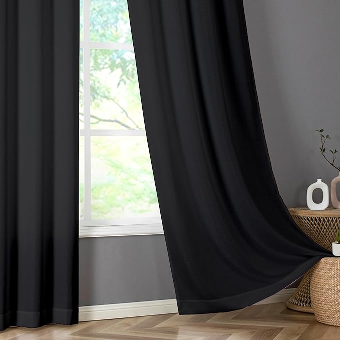 Chyhomenyc Black Curtains 72 Inch Length 2 Panels Set, Faux Linen Textured Semi Sheer Light Filtering Soft Airy Privacy Farmhouse Curtain Drapes for Living Room Bedroom, 40 Wx72 L Inches