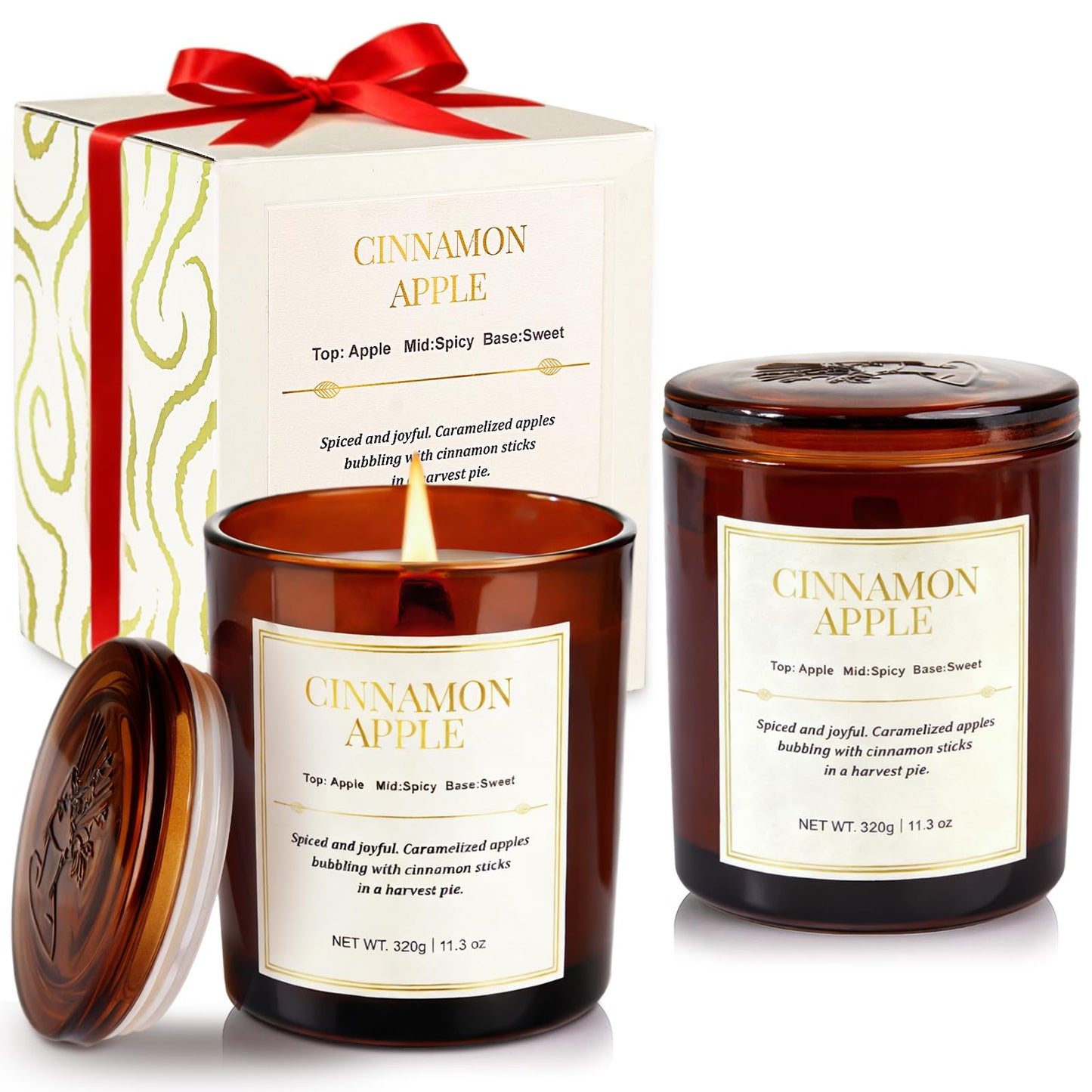 Scented Candles for Home,2 Pack Wood Wick Cinnamon Apple Scented Candles,Long Lasting Natural Soy Wax Candles with Gift Boxes,Cozy Aromatherapy Candle for Home Decor